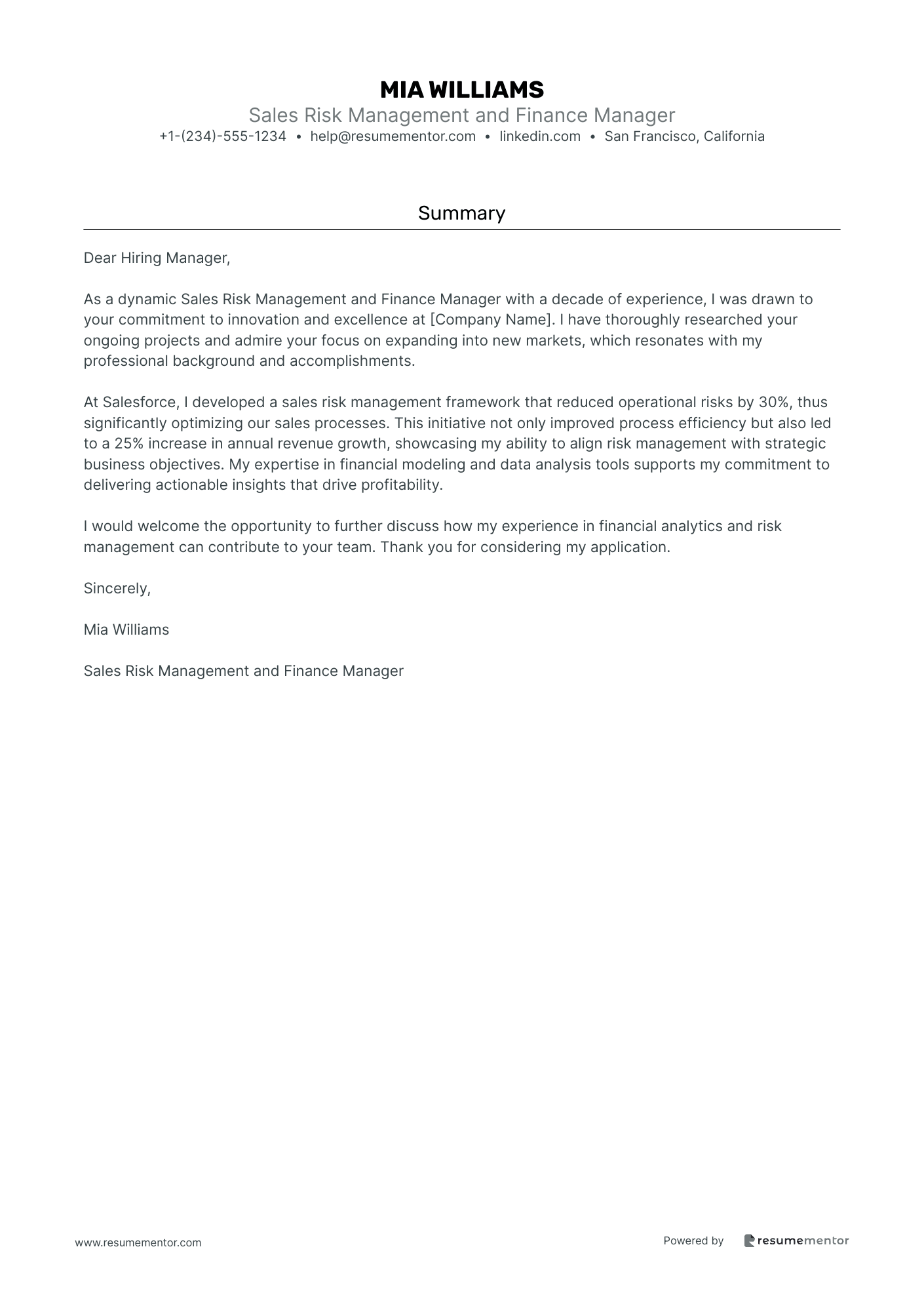 Sales Risk Management and Finance Manager