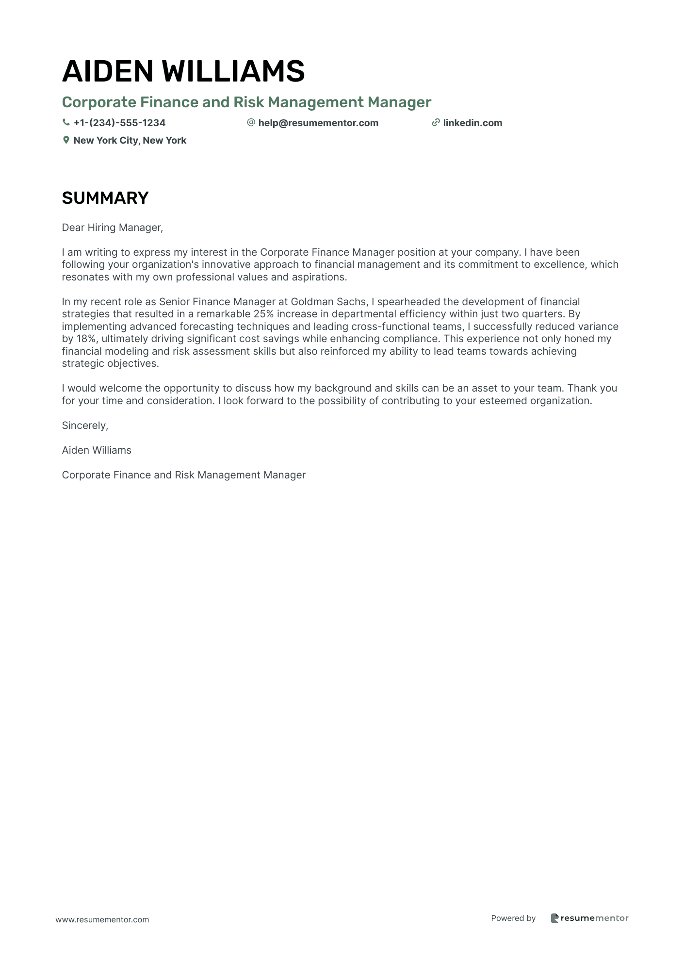 Corporate Finance and Risk Management Manager