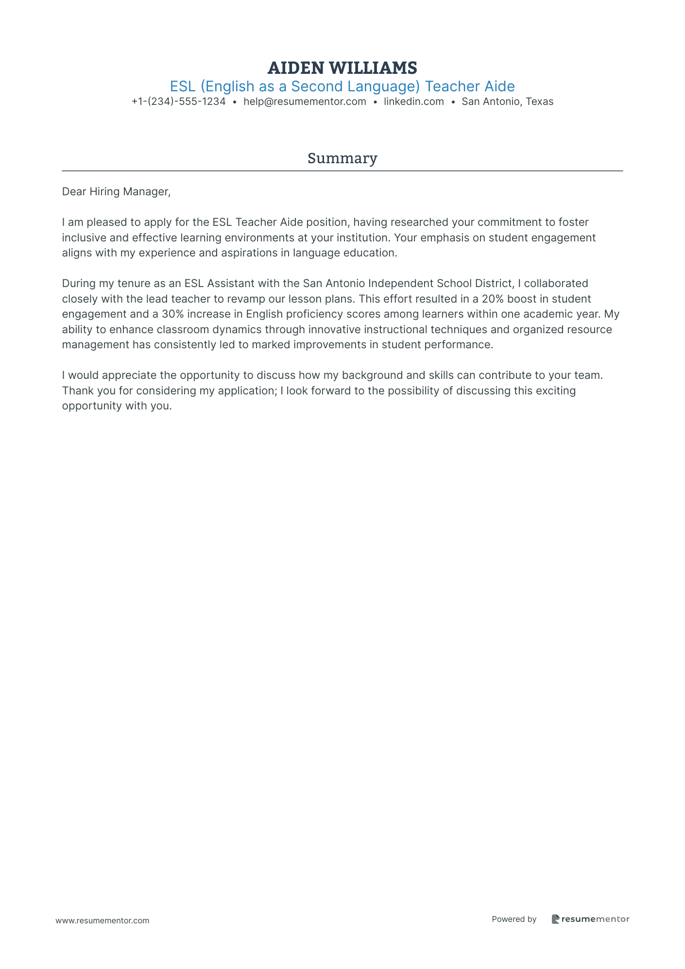 ESL (English as a Second Language) Teacher Aide