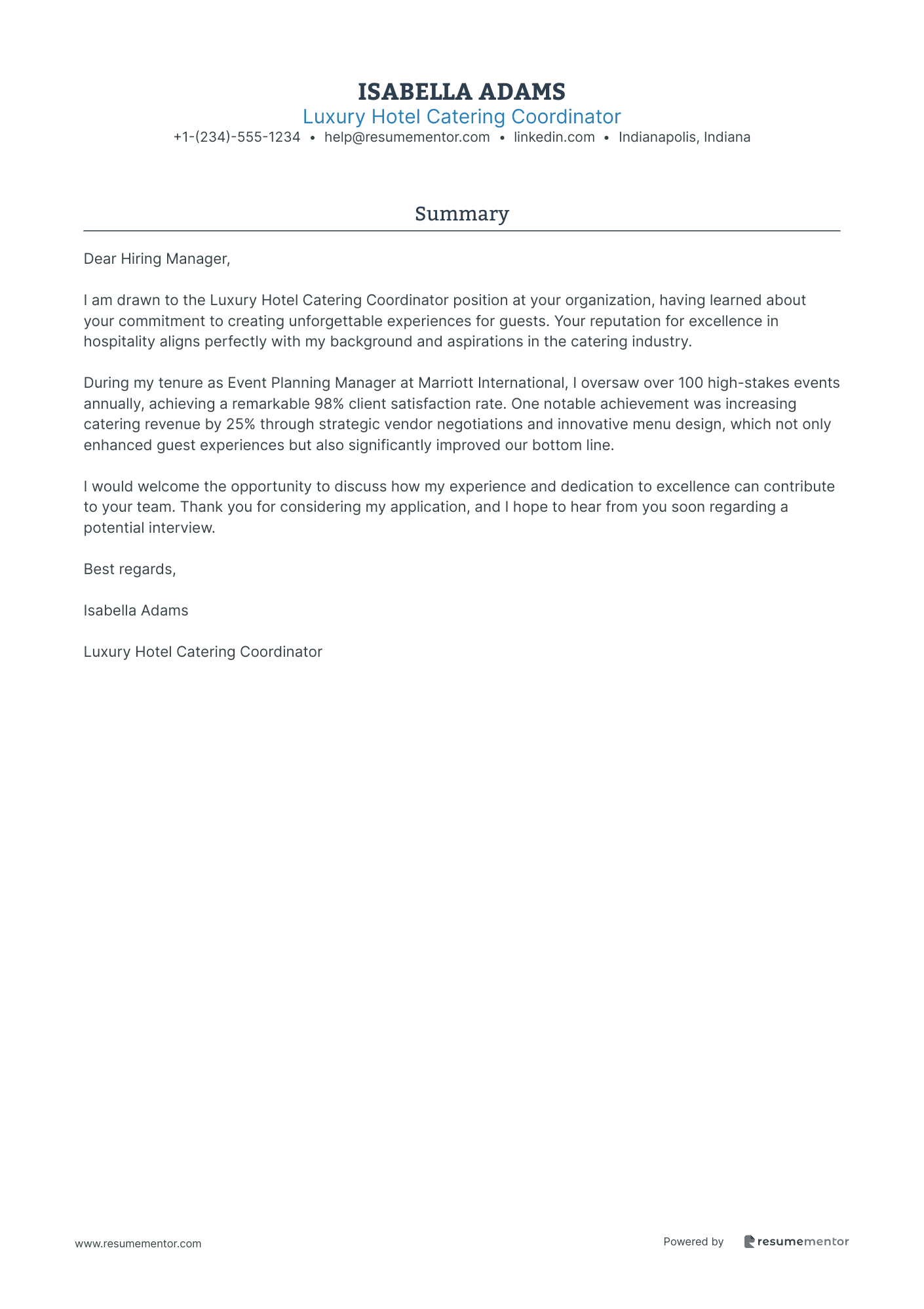 Luxury Hotel Catering Coordinator