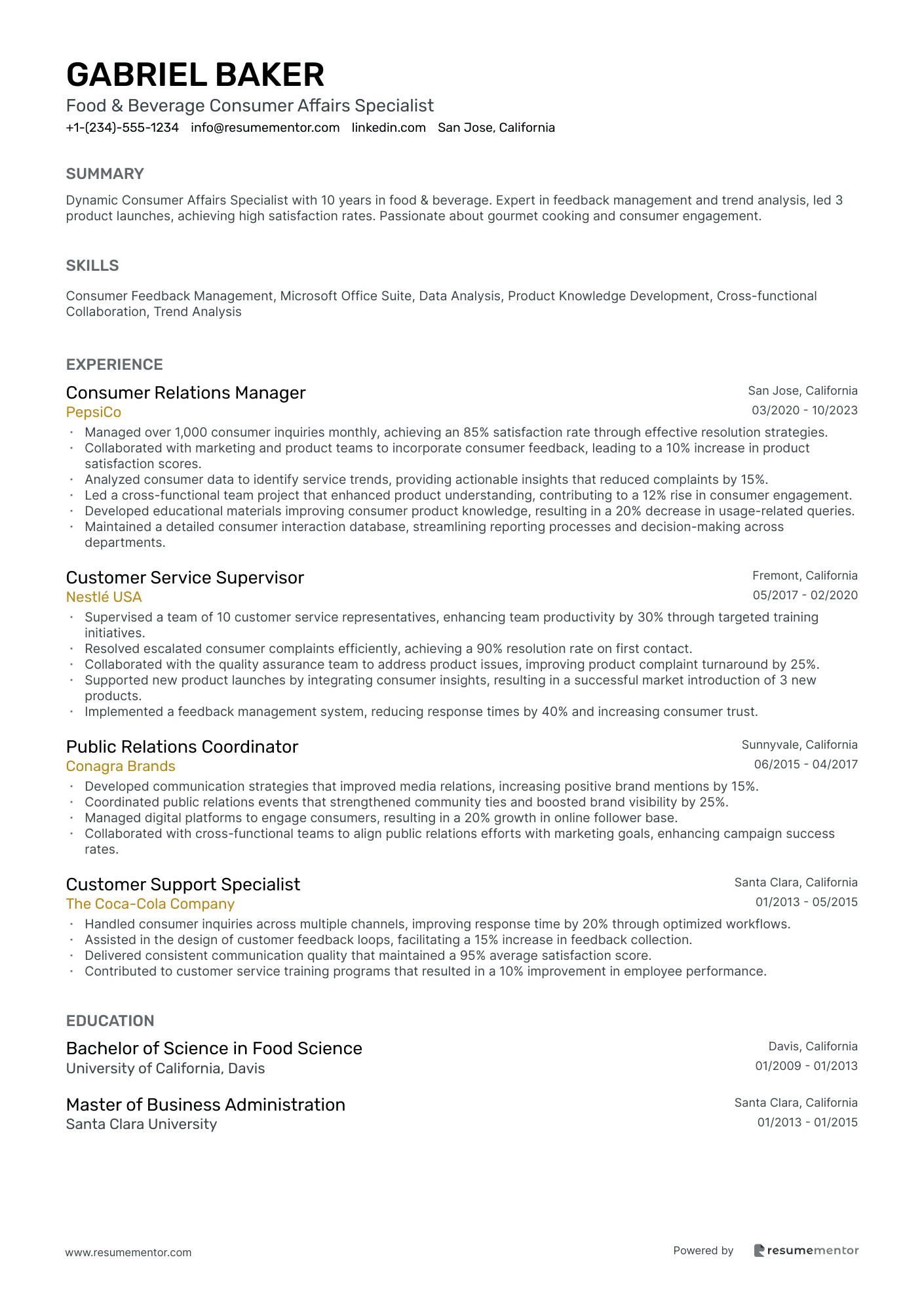 Food & Beverage Consumer Affairs Specialist