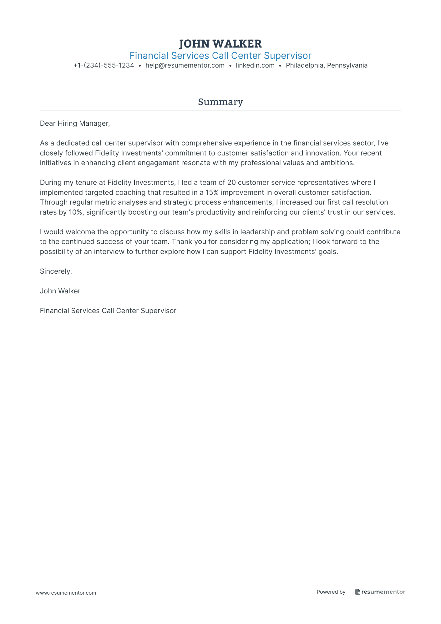 Financial Services Call Center Supervisor