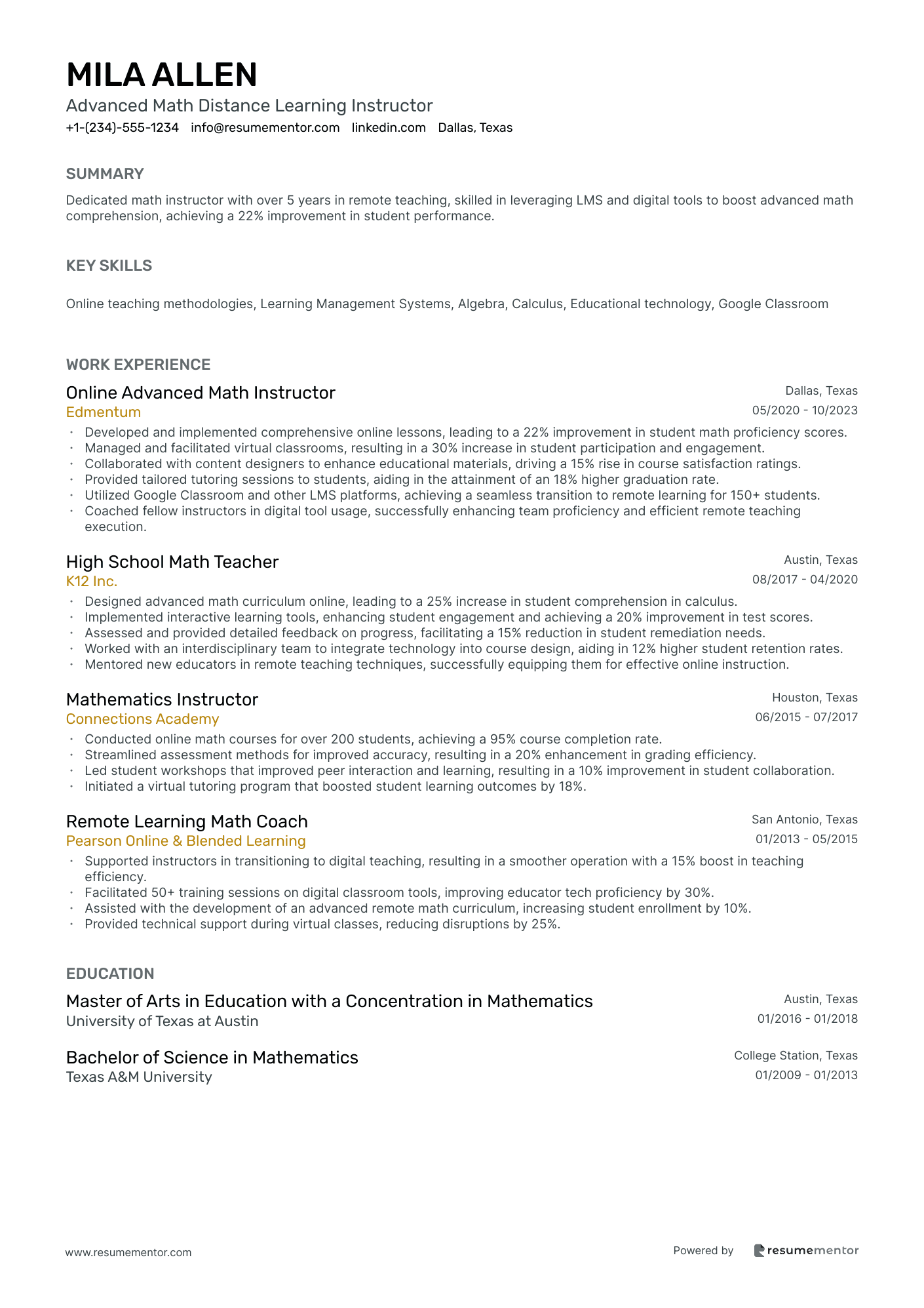 Advanced Math Distance Learning Instructor