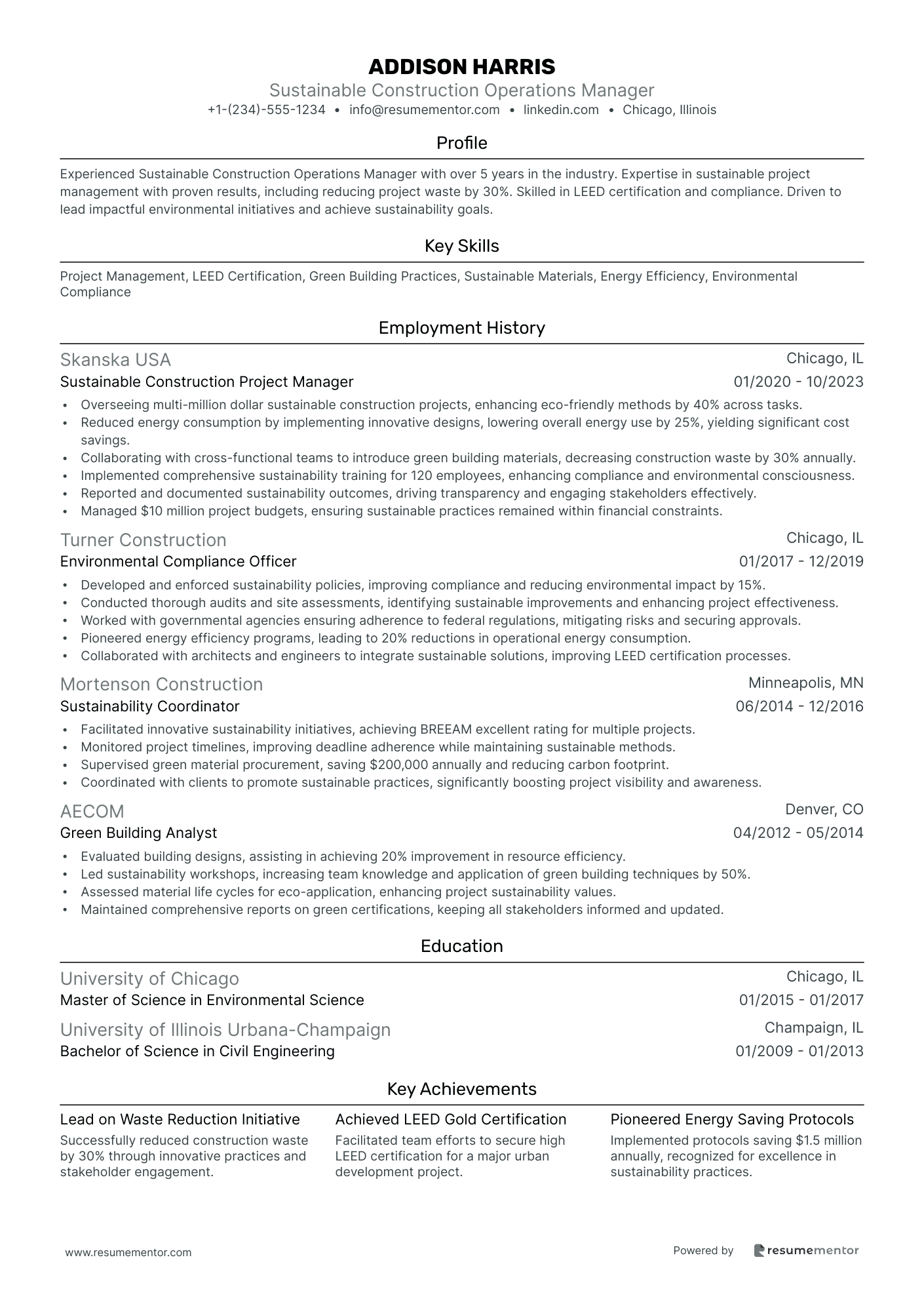 Sustainable Construction Operations Manager