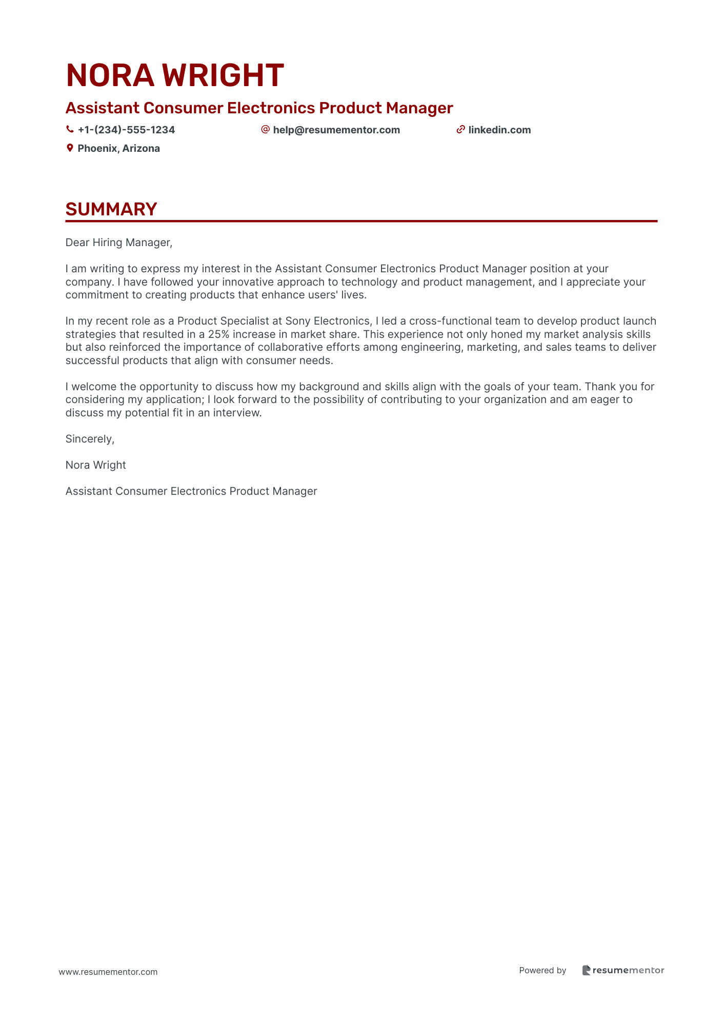 Assistant Consumer Electronics Product Manager