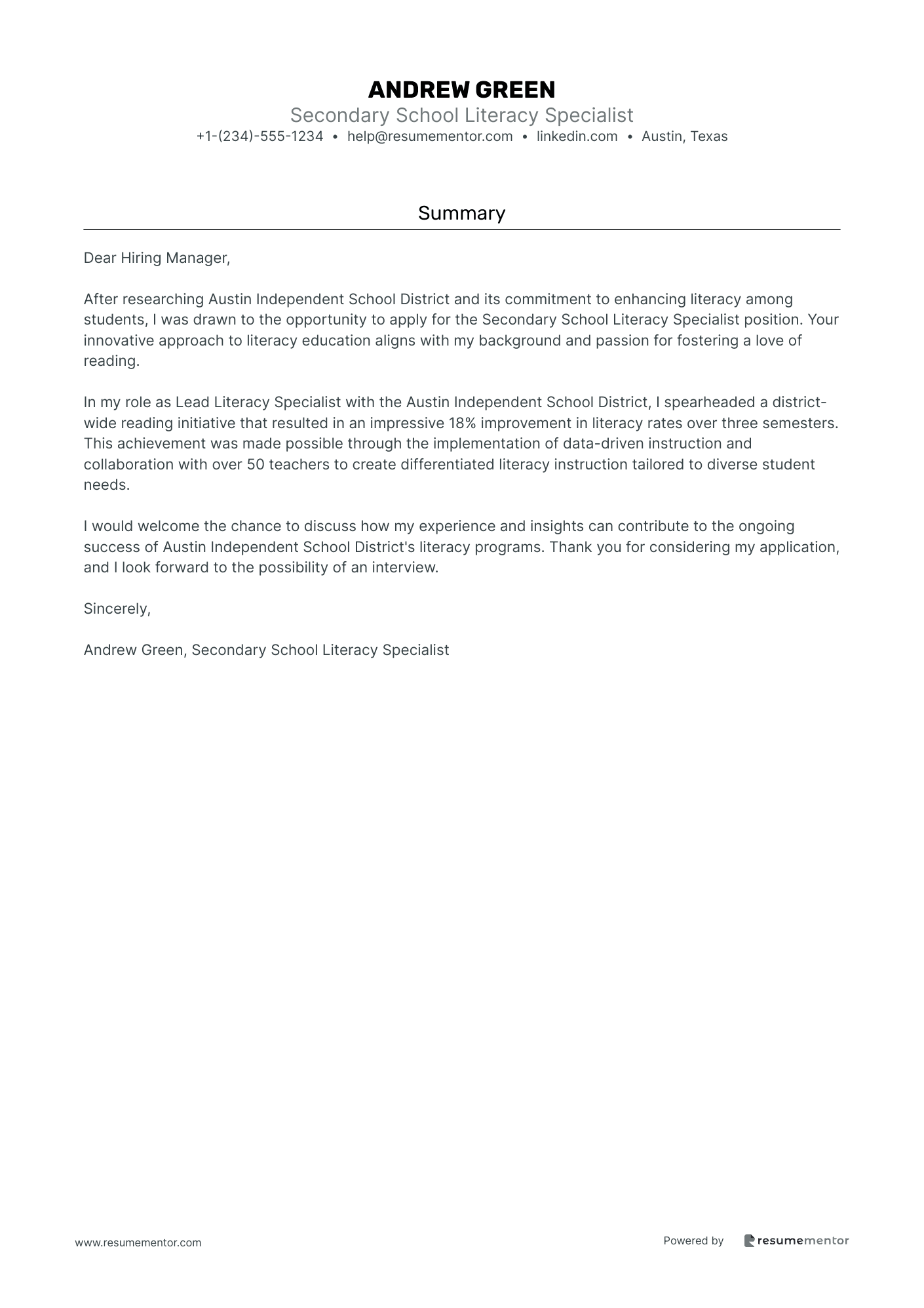 Secondary School Literacy Specialist