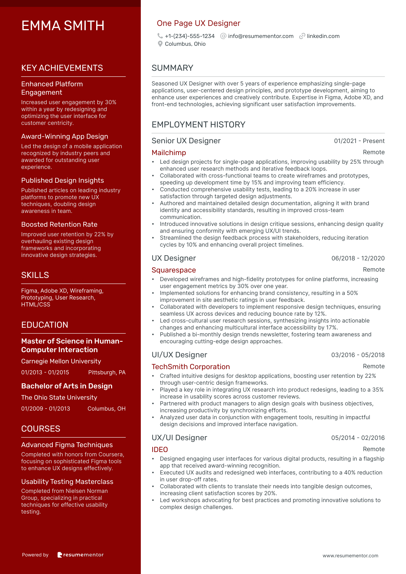 One Page UX Designer