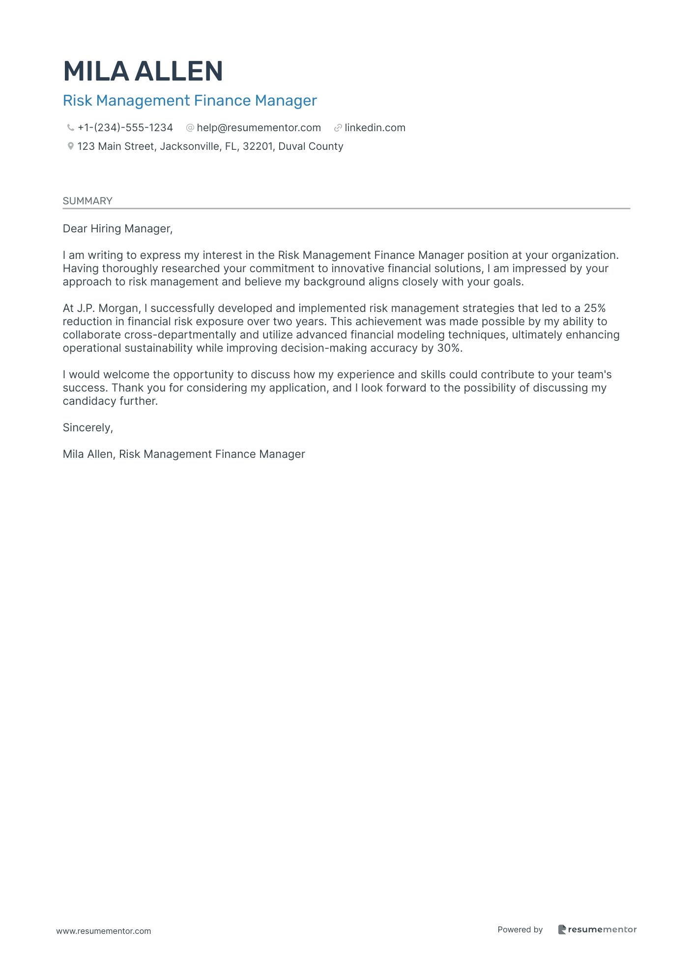Risk Management Finance Manager