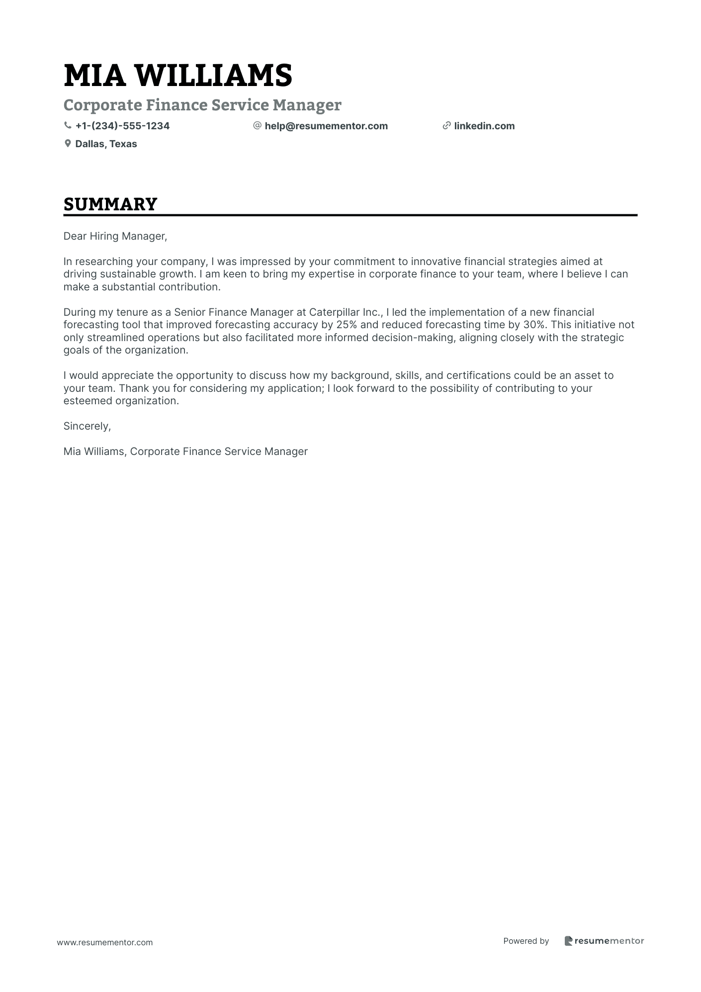 Corporate Finance Service Manager
