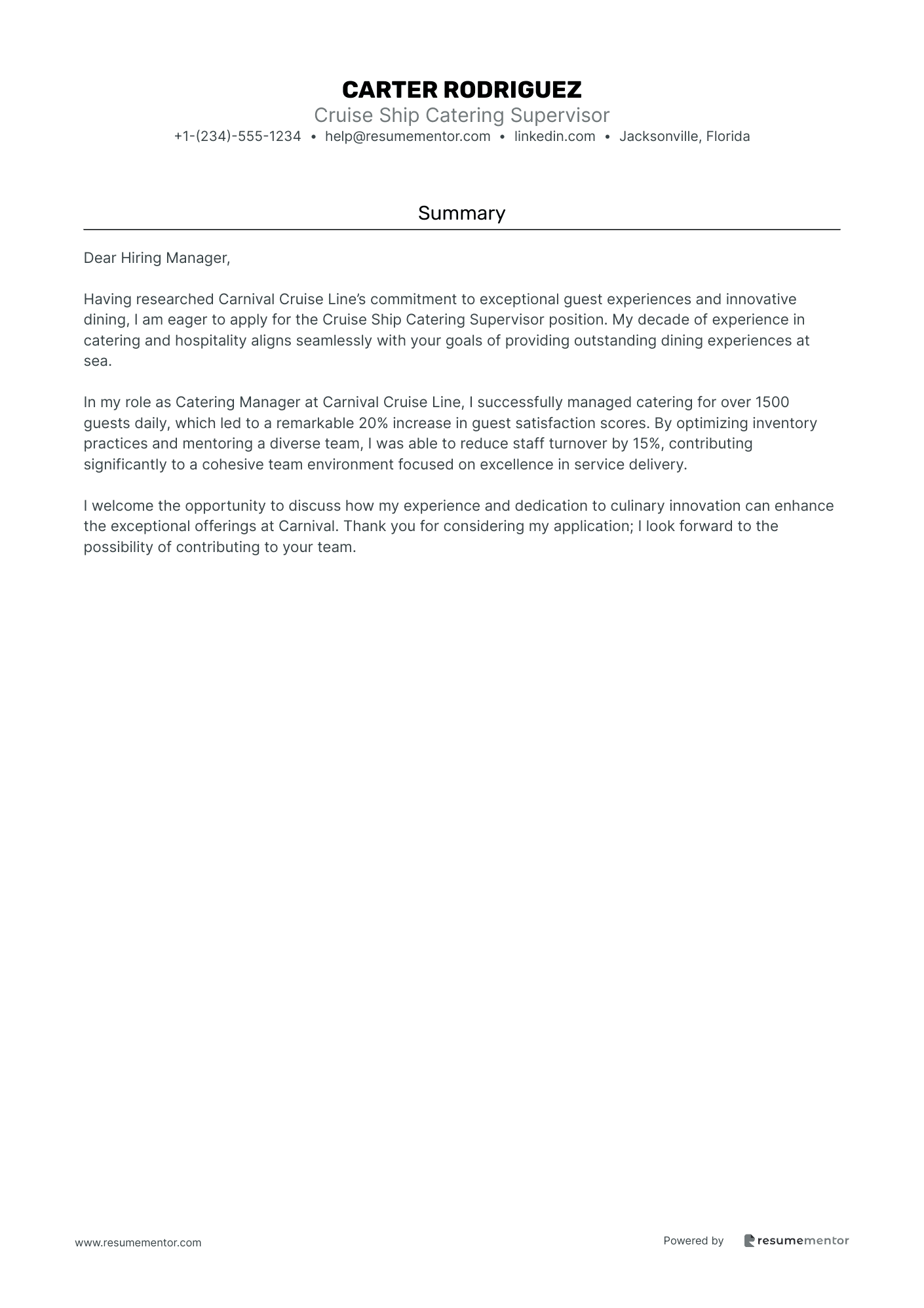 Cruise Ship Catering Supervisor