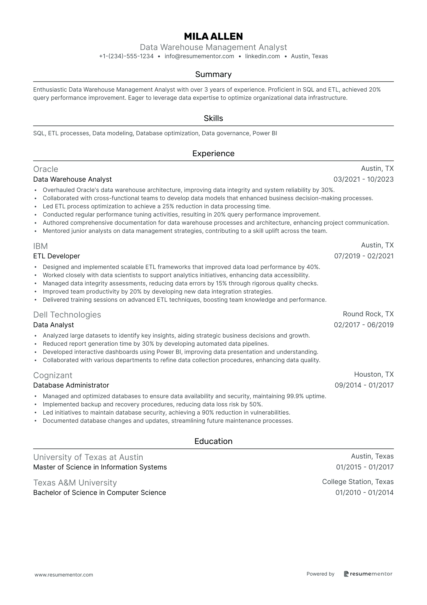 Data Warehouse Management Analyst