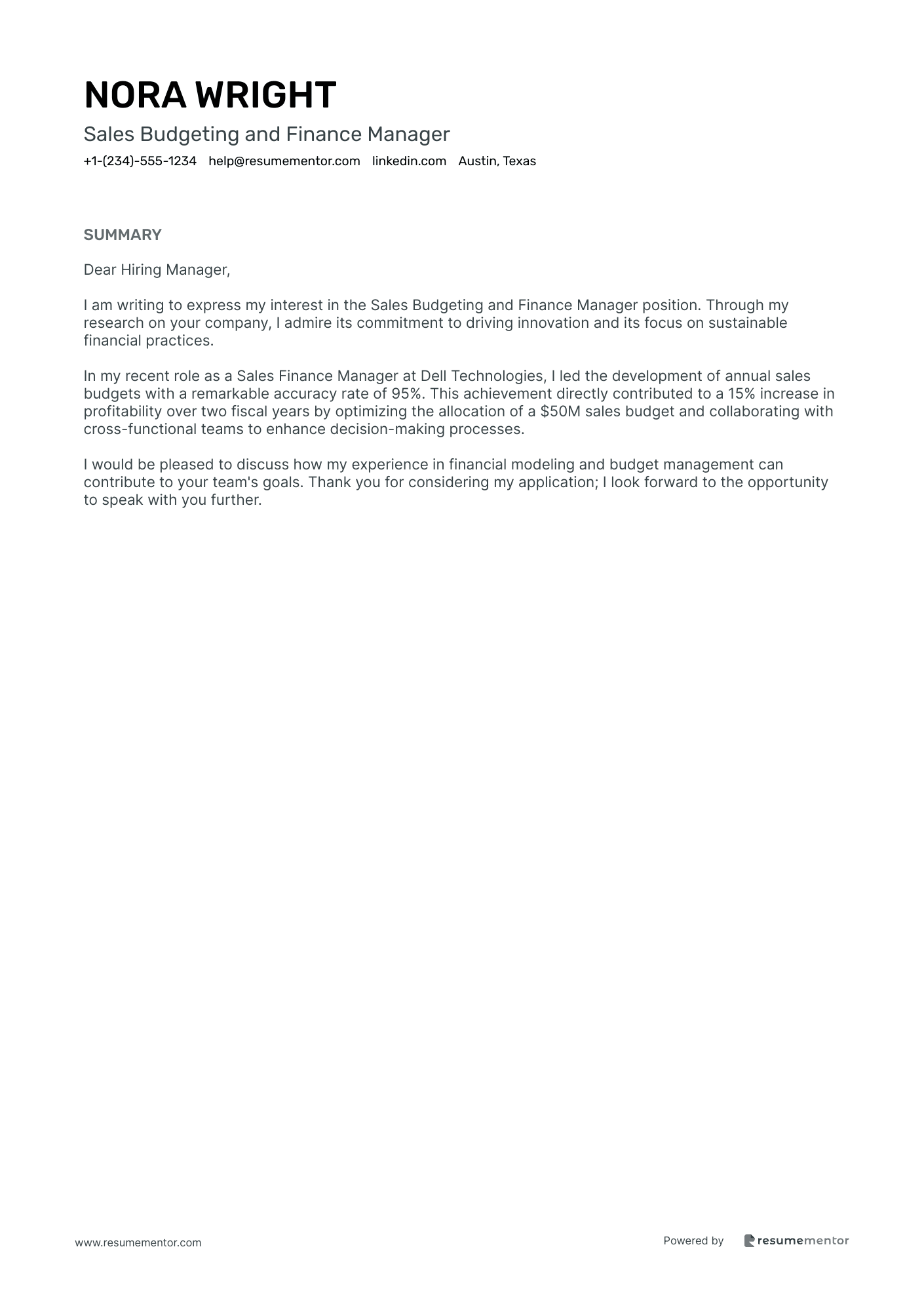 Sales Budgeting and Finance Manager