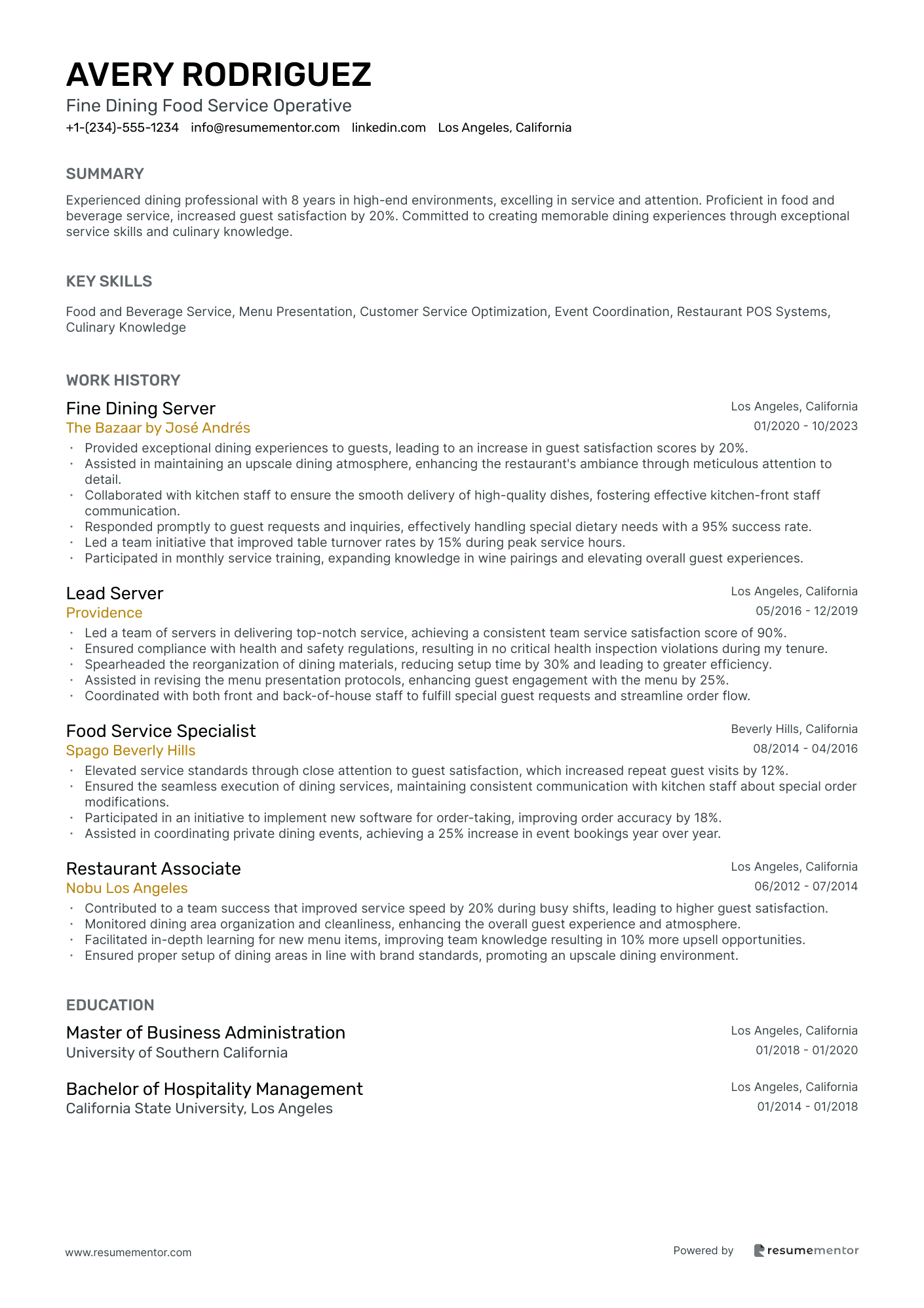 Fine Dining Food Service Operative