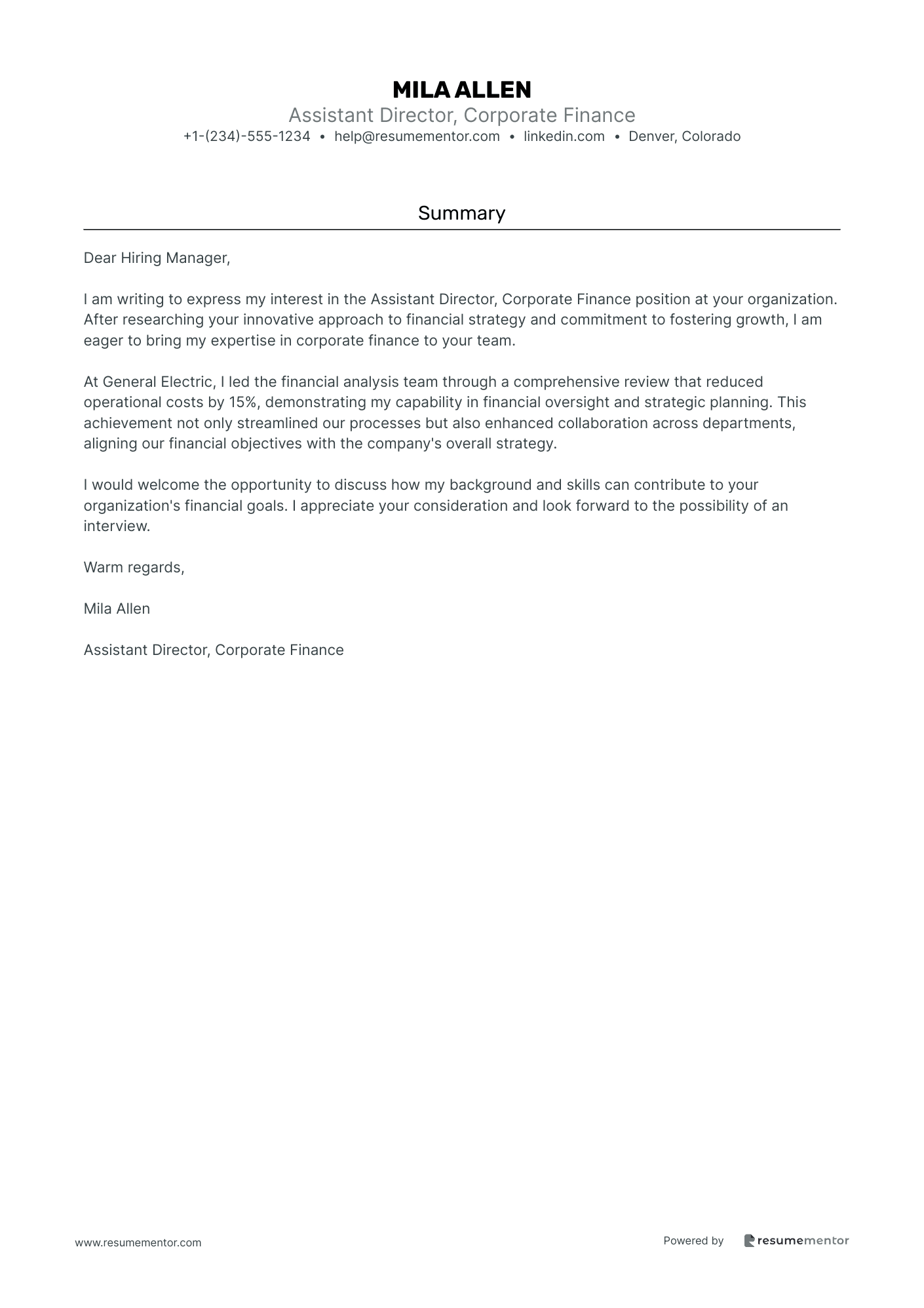 Assistant Director, Corporate Finance