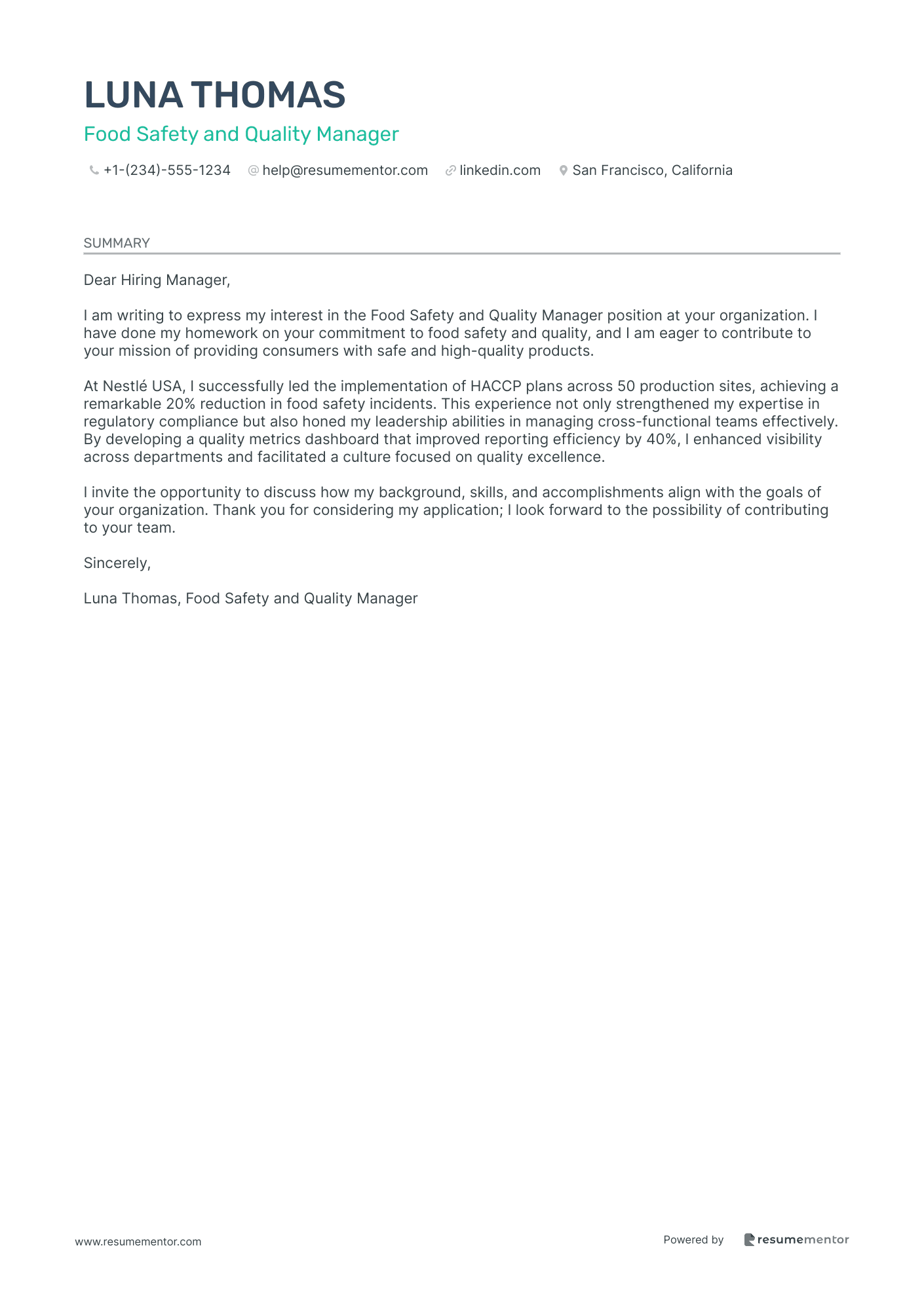 Food Safety and Quality Manager