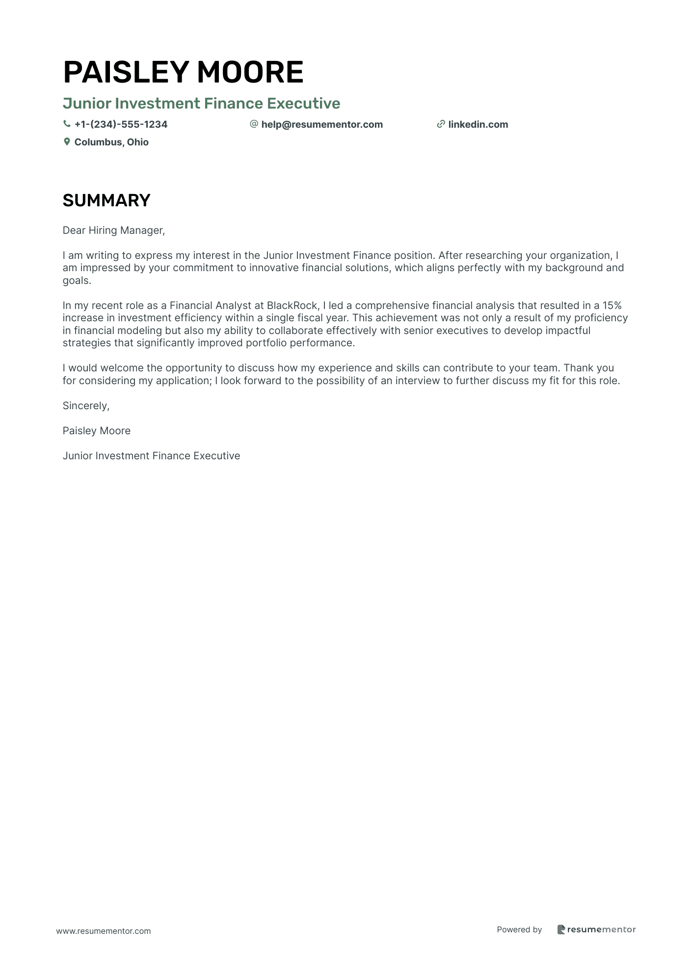 Junior Investment Finance Executive