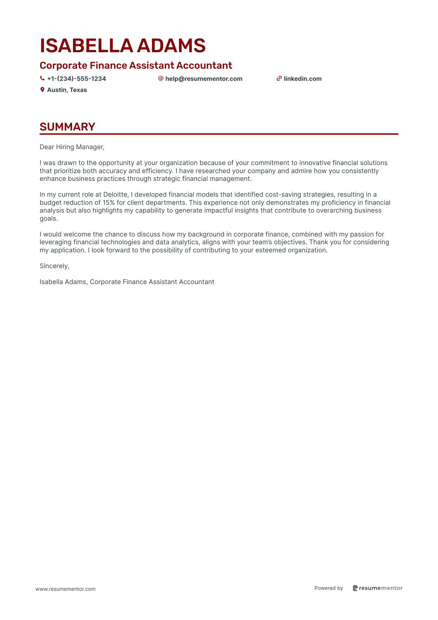 Corporate Finance Assistant Accountant