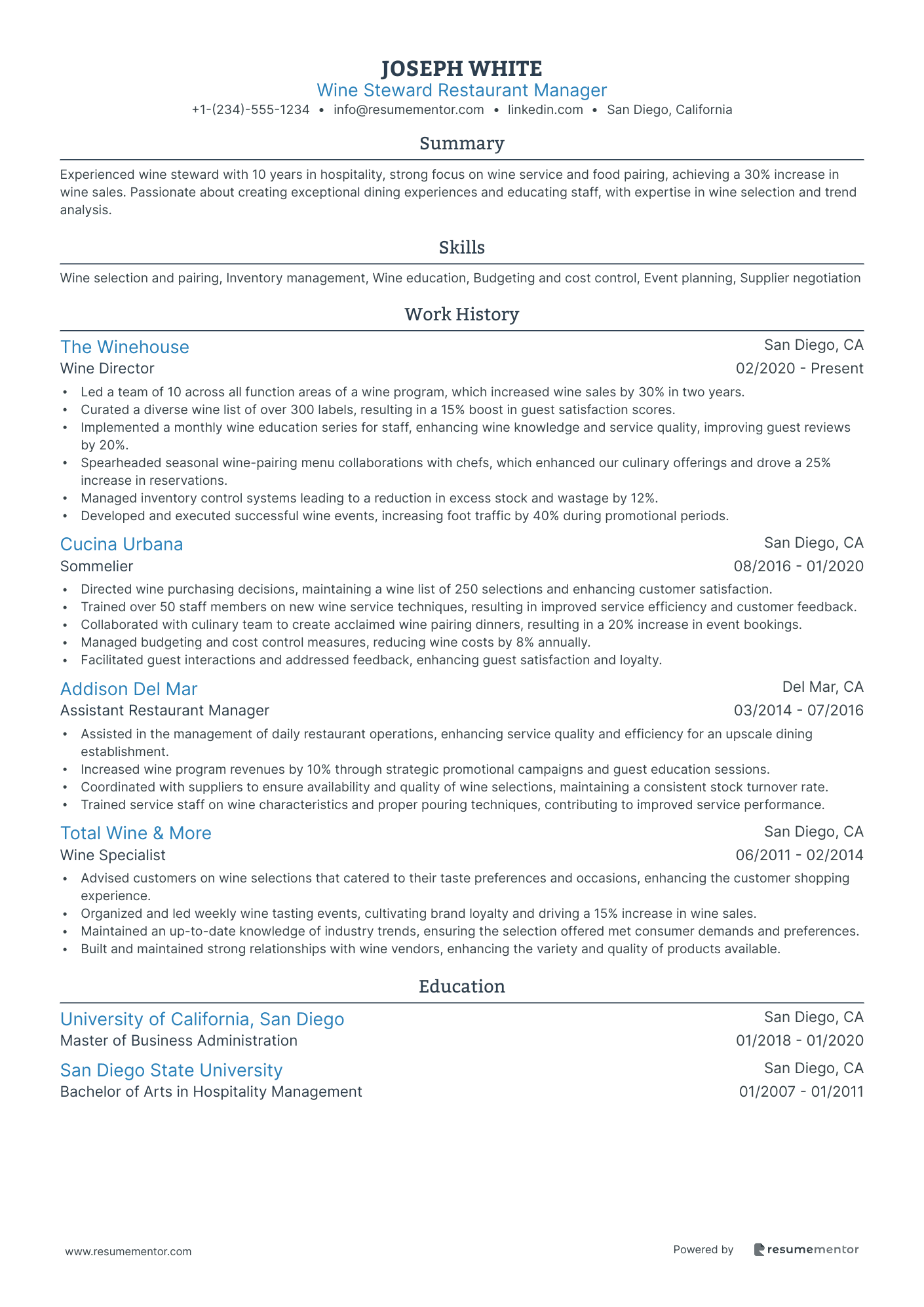 Wine Steward Restaurant Manager