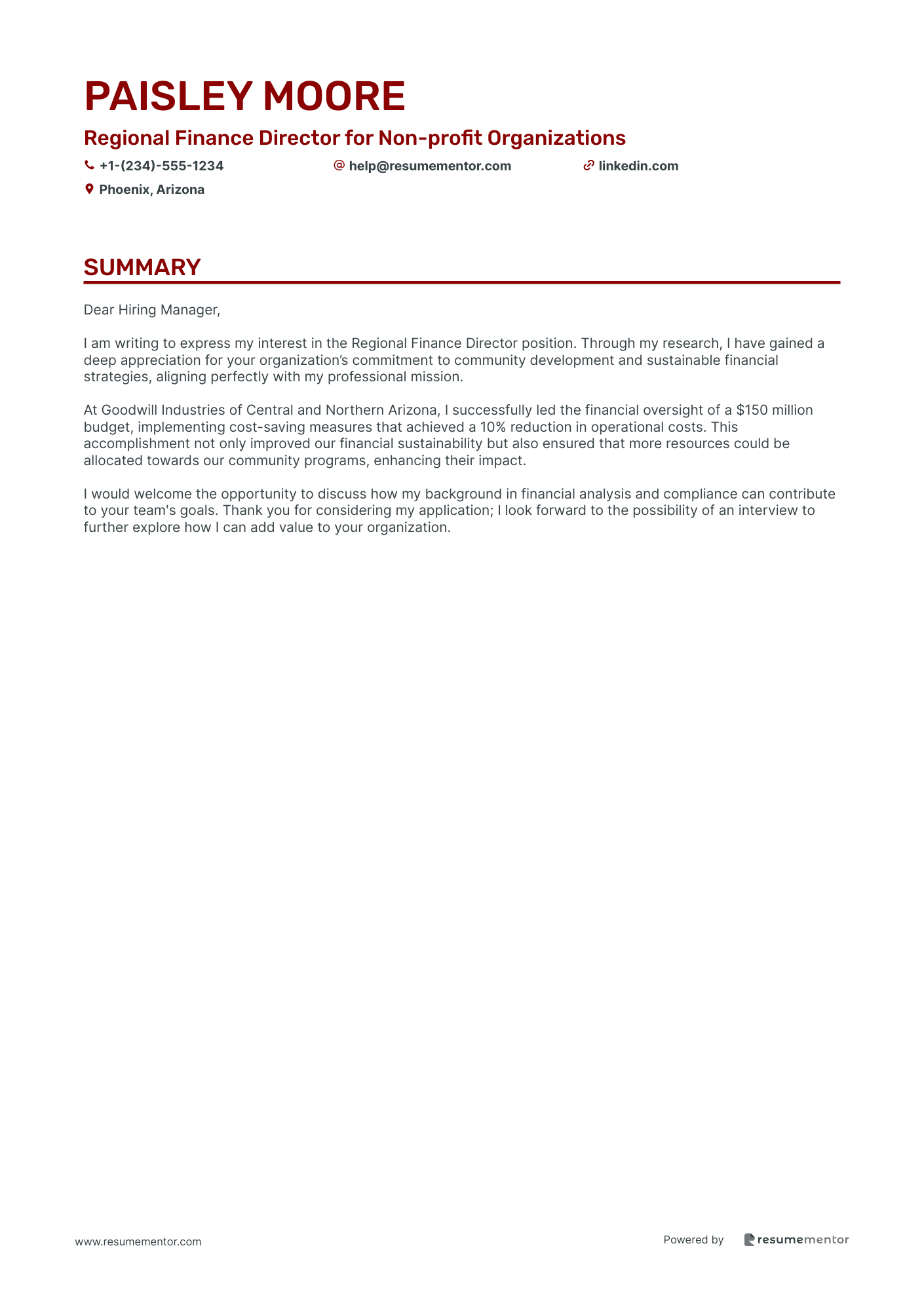 Regional Finance Director for Non profit Organizations