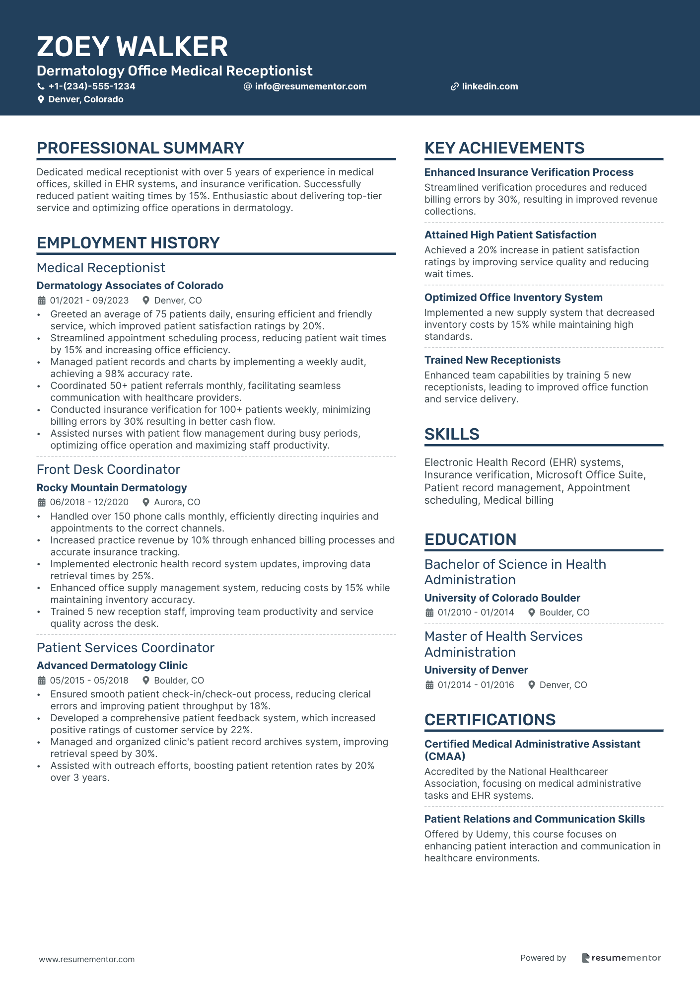 Dermatology Office Medical Receptionist