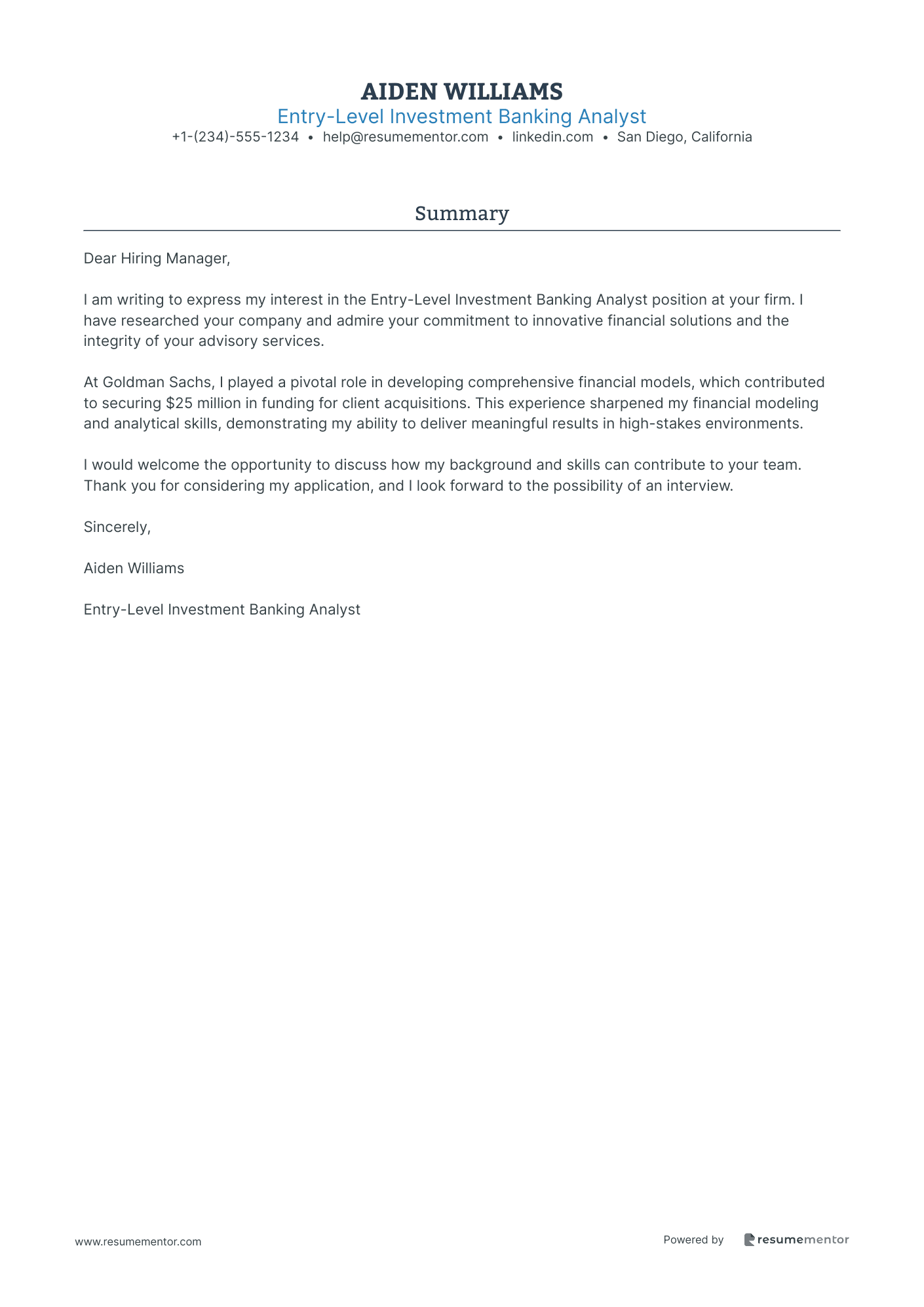 Entry Level Investment Banking Analyst