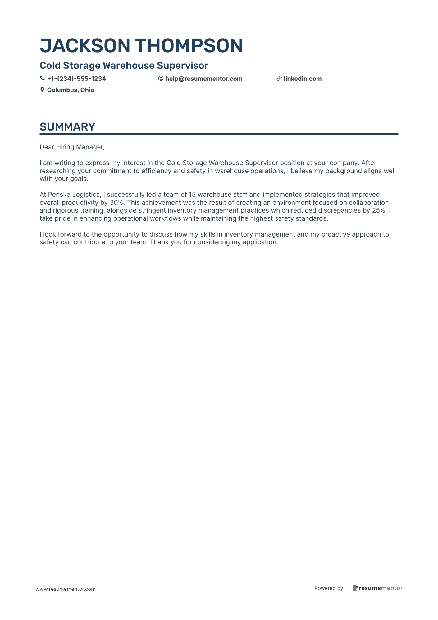 Cold Storage Warehouse Supervisor