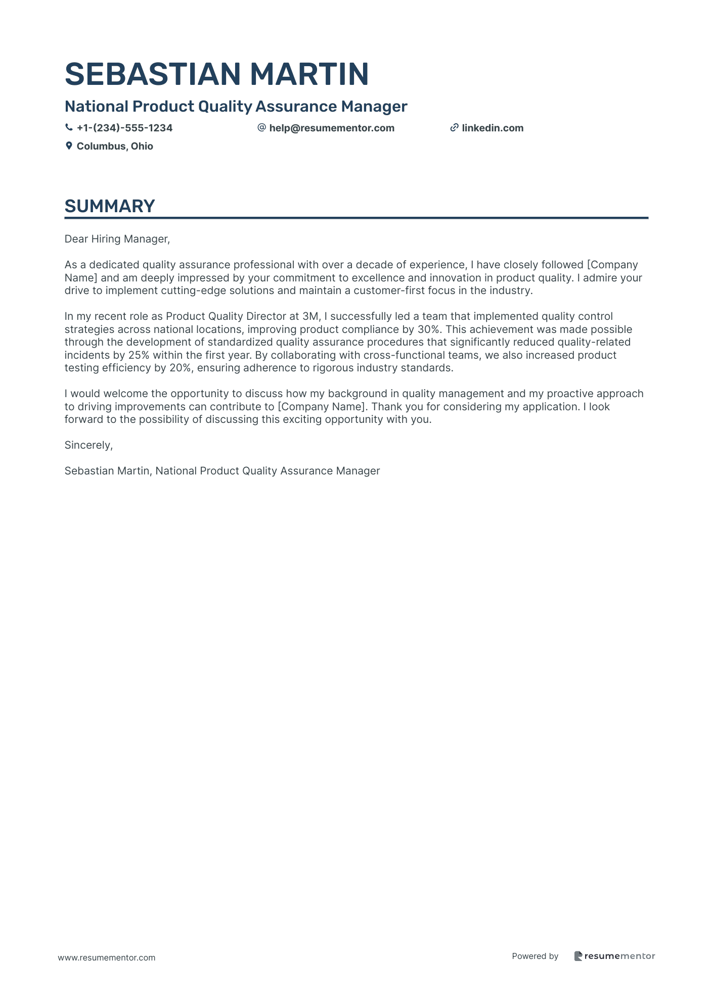 National Product Quality Assurance Manager
