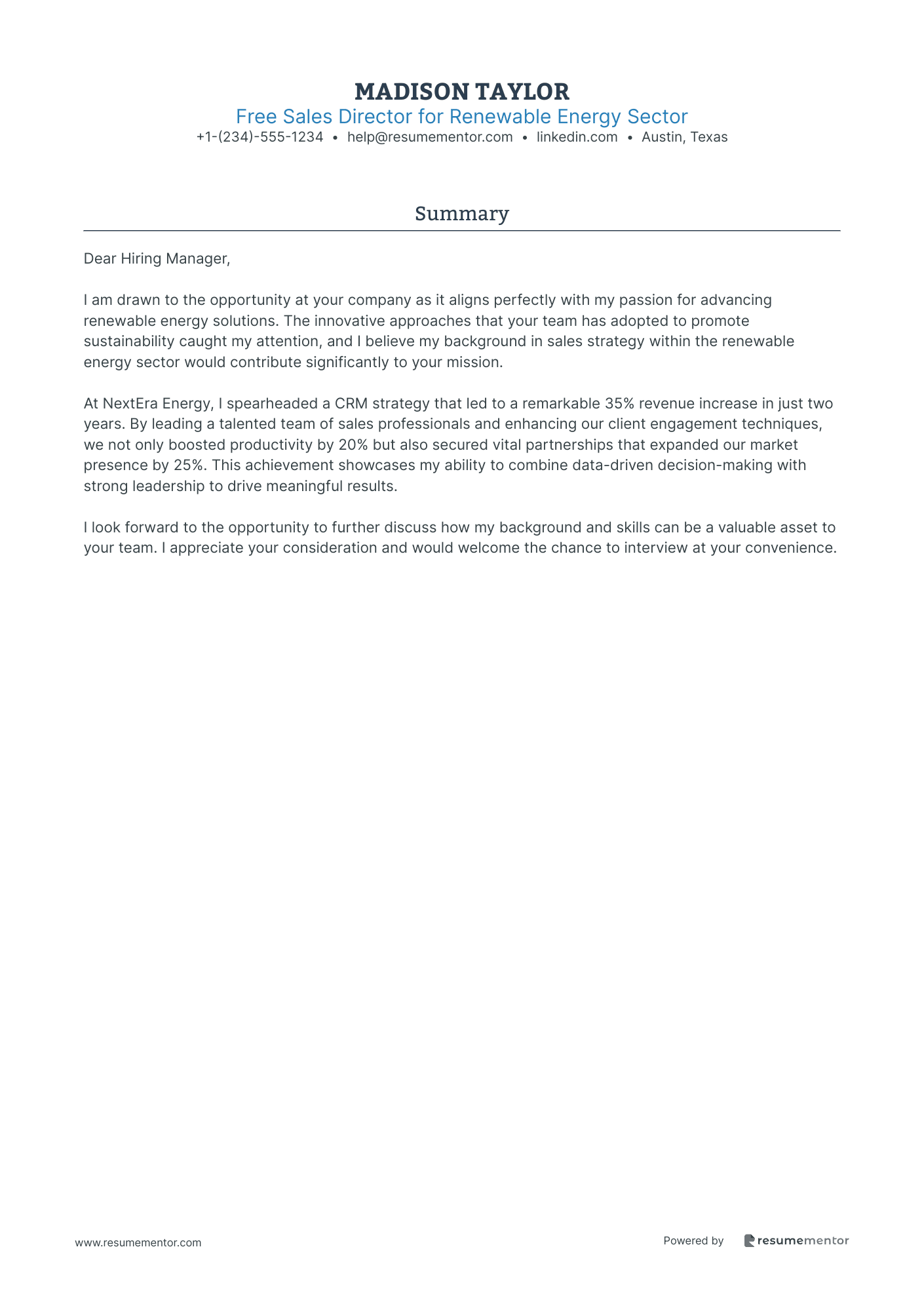 Free Sales Director for Renewable Energy Sector