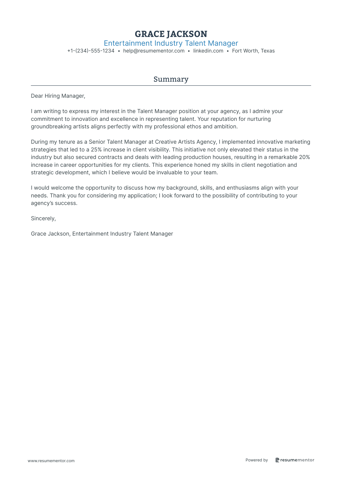 Entertainment Industry Talent Manager