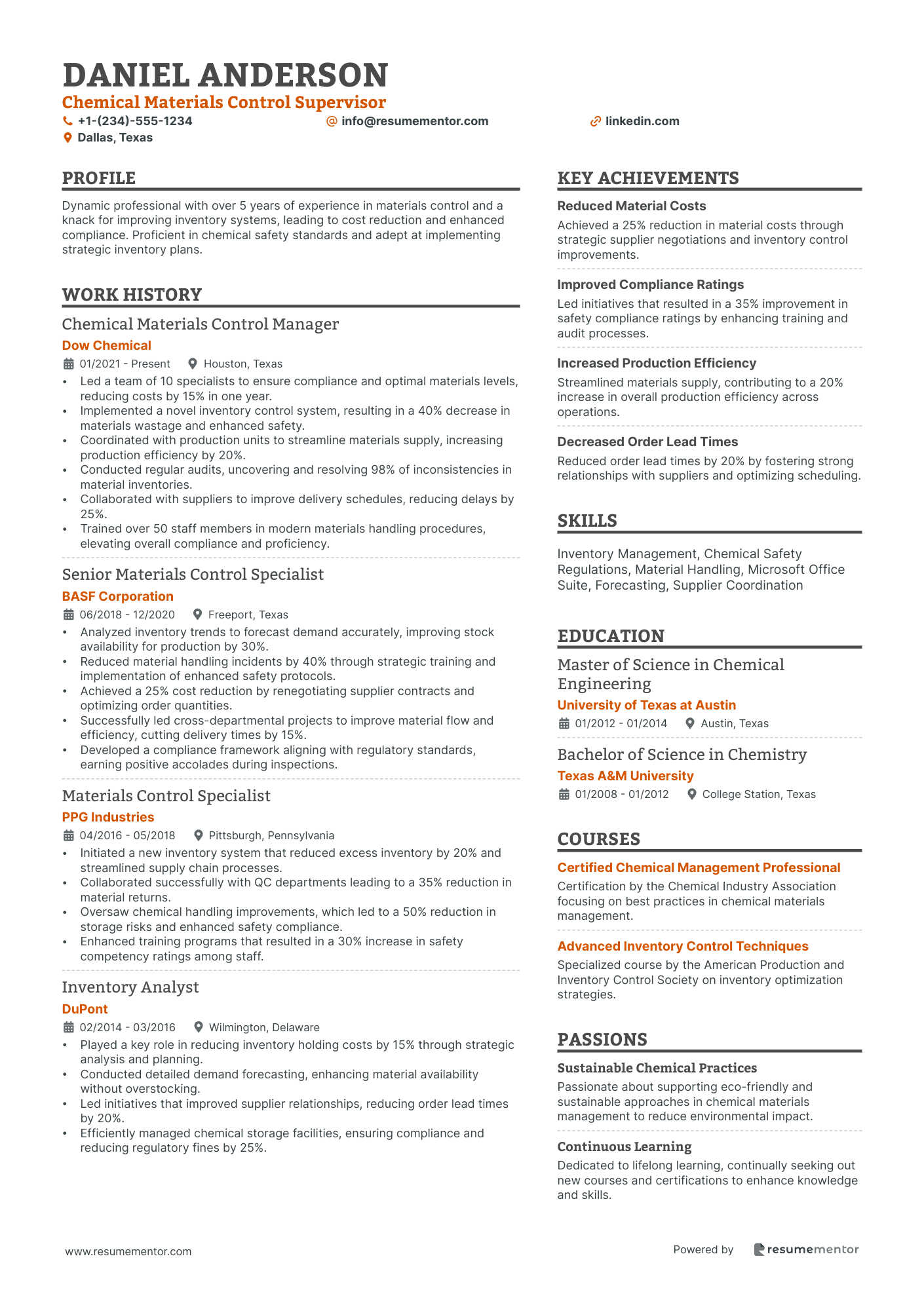 Chemical Materials Control Supervisor