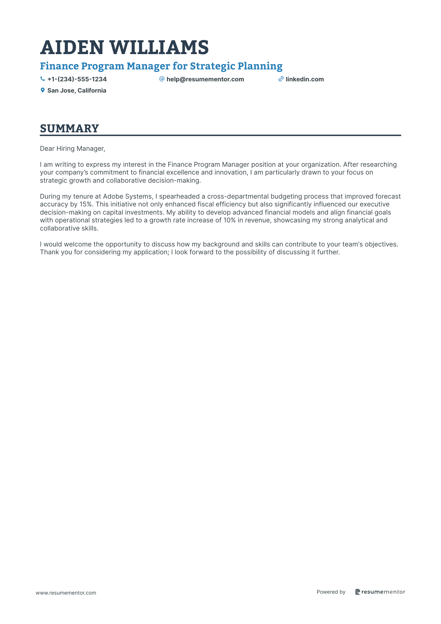 Finance Program Manager for Strategic Planning