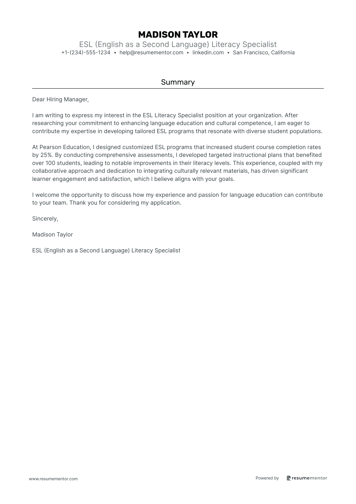 ESL (English as a Second Language) Literacy Specialist