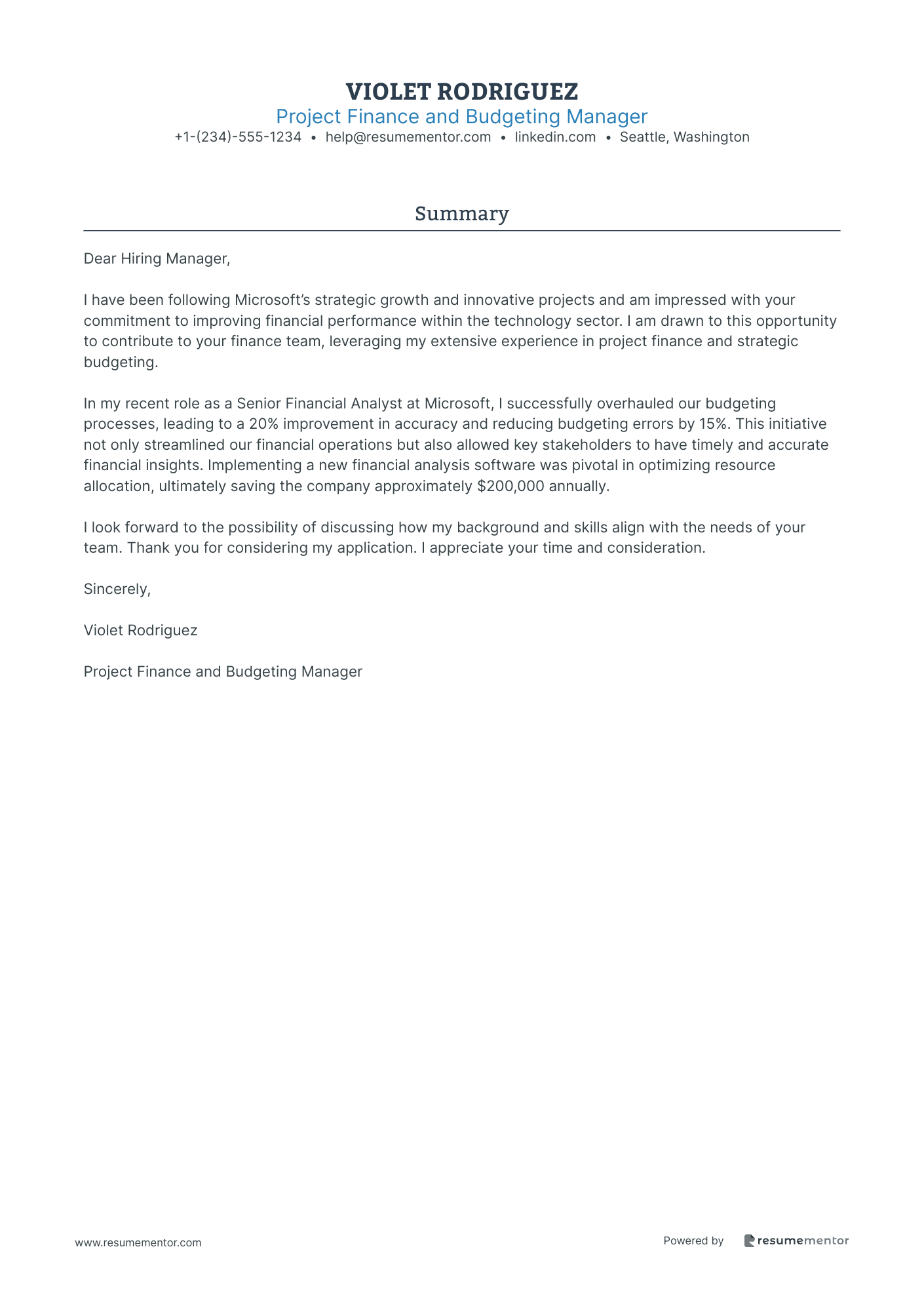 Project Finance and Budgeting Manager