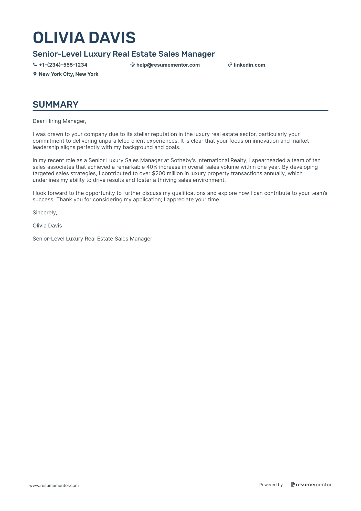 Senior Level Luxury Real Estate Sales Manager