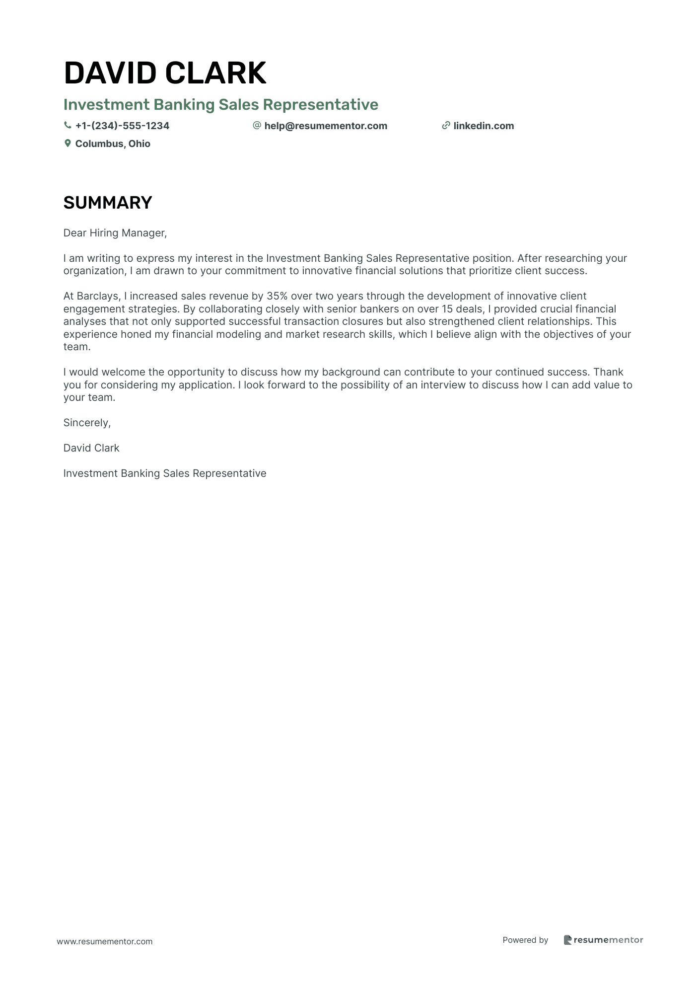 Investment Banking Sales Representative