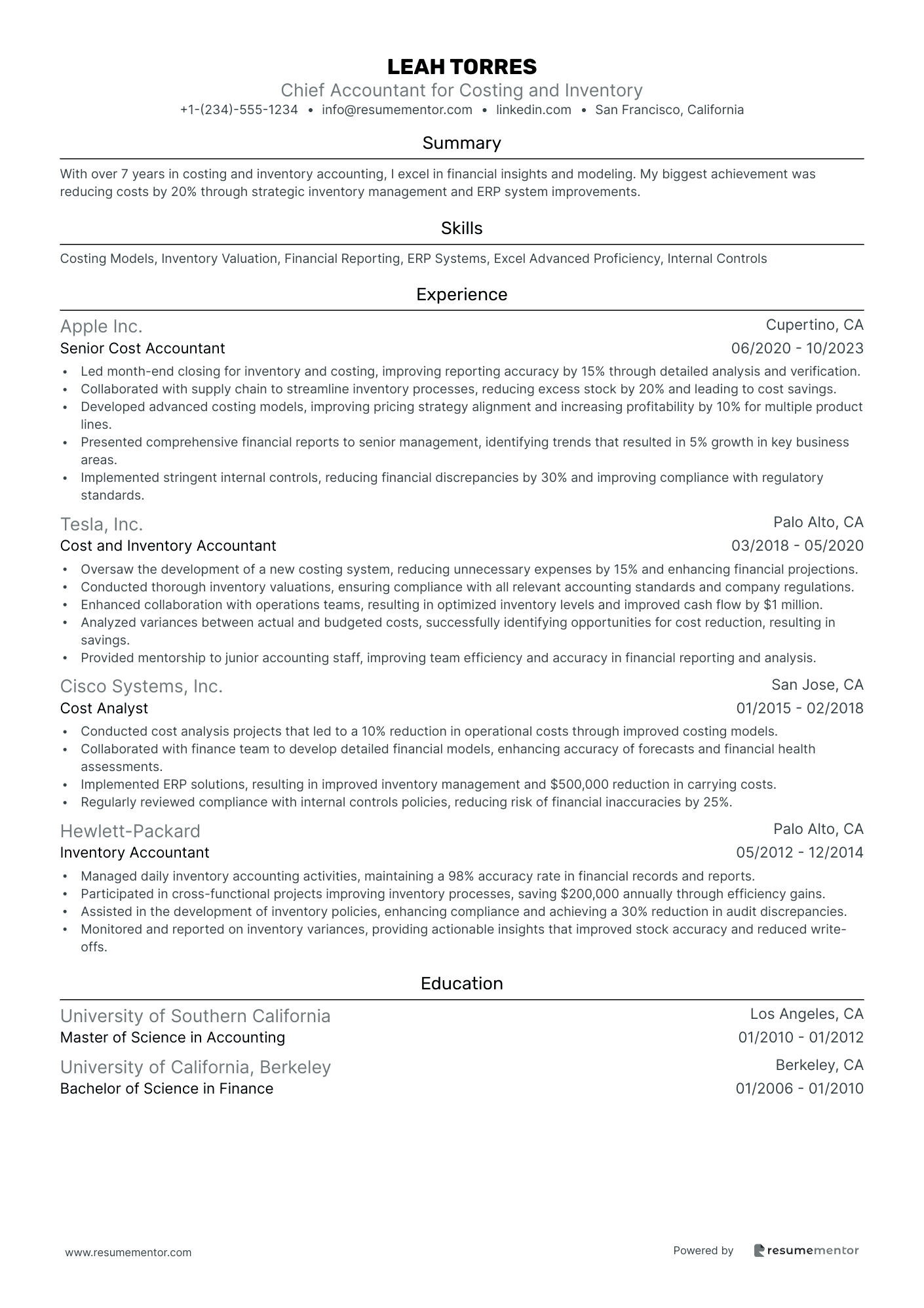 Chief Accountant for Costing and Inventory