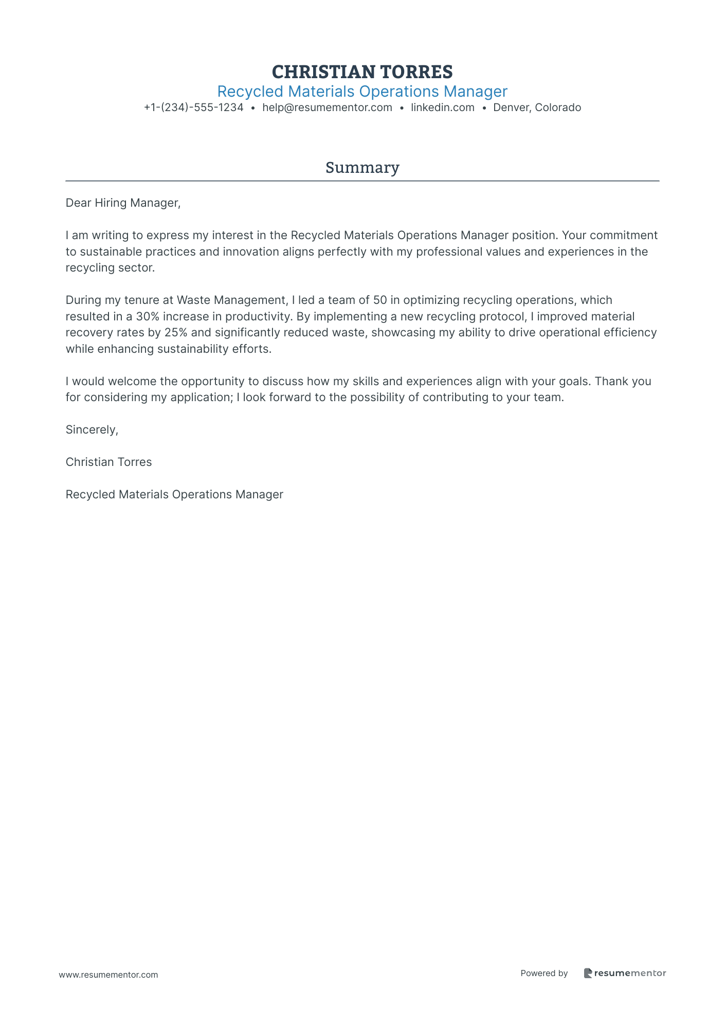 Recycled Materials Operations Manager