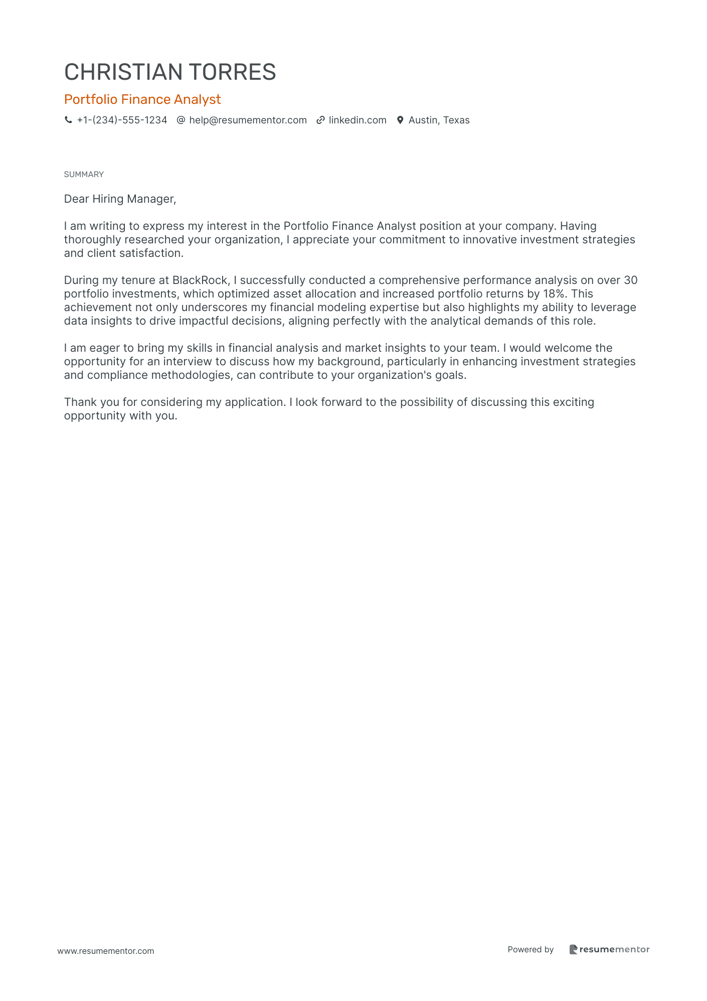 Portfolio Finance Analyst