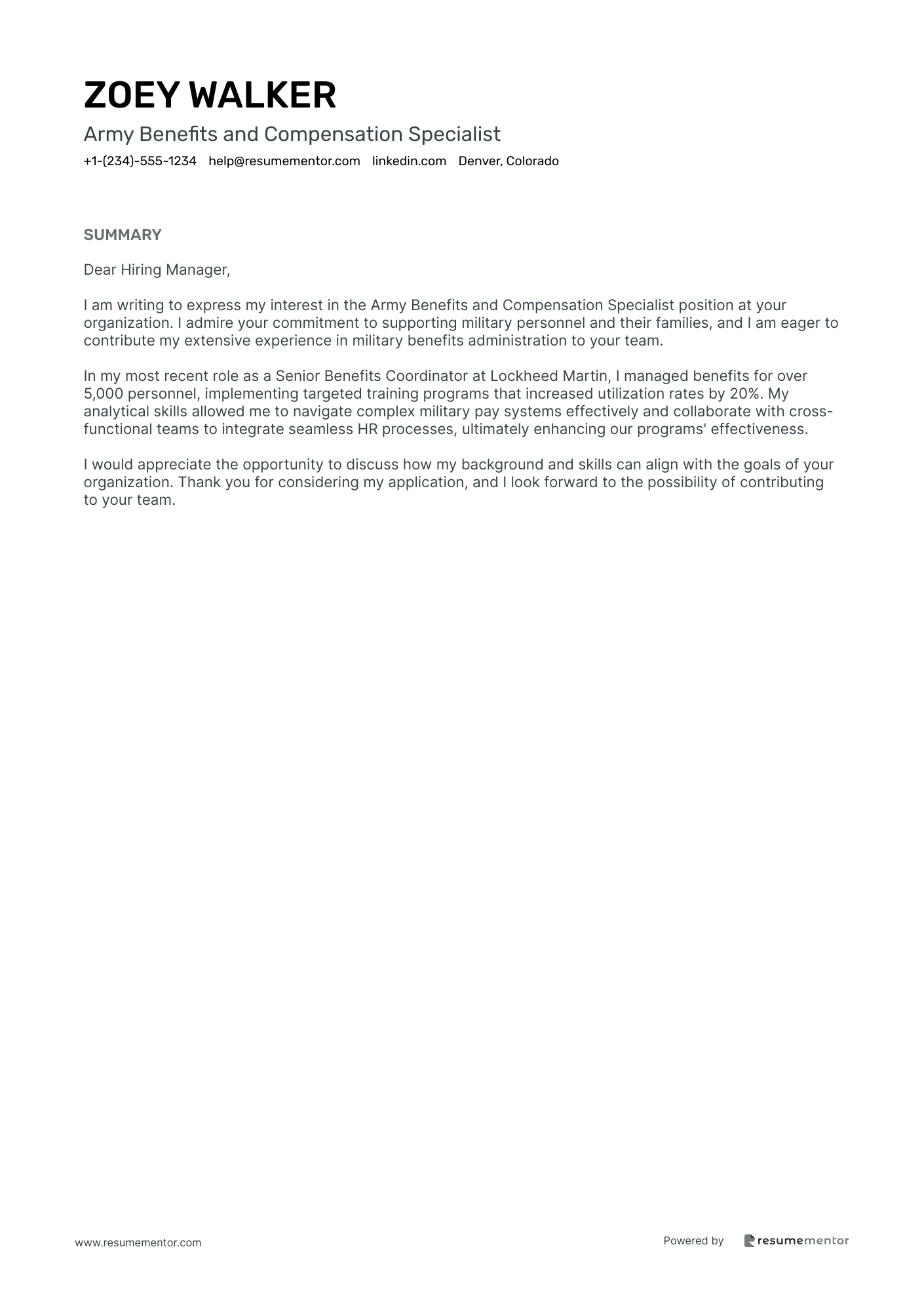 Army Human Resources Specialist Cover Letter Examples by ResumeMentor.com -  Professional Cover Letters - Generate Cover Letter with AI, image size:1410x1995