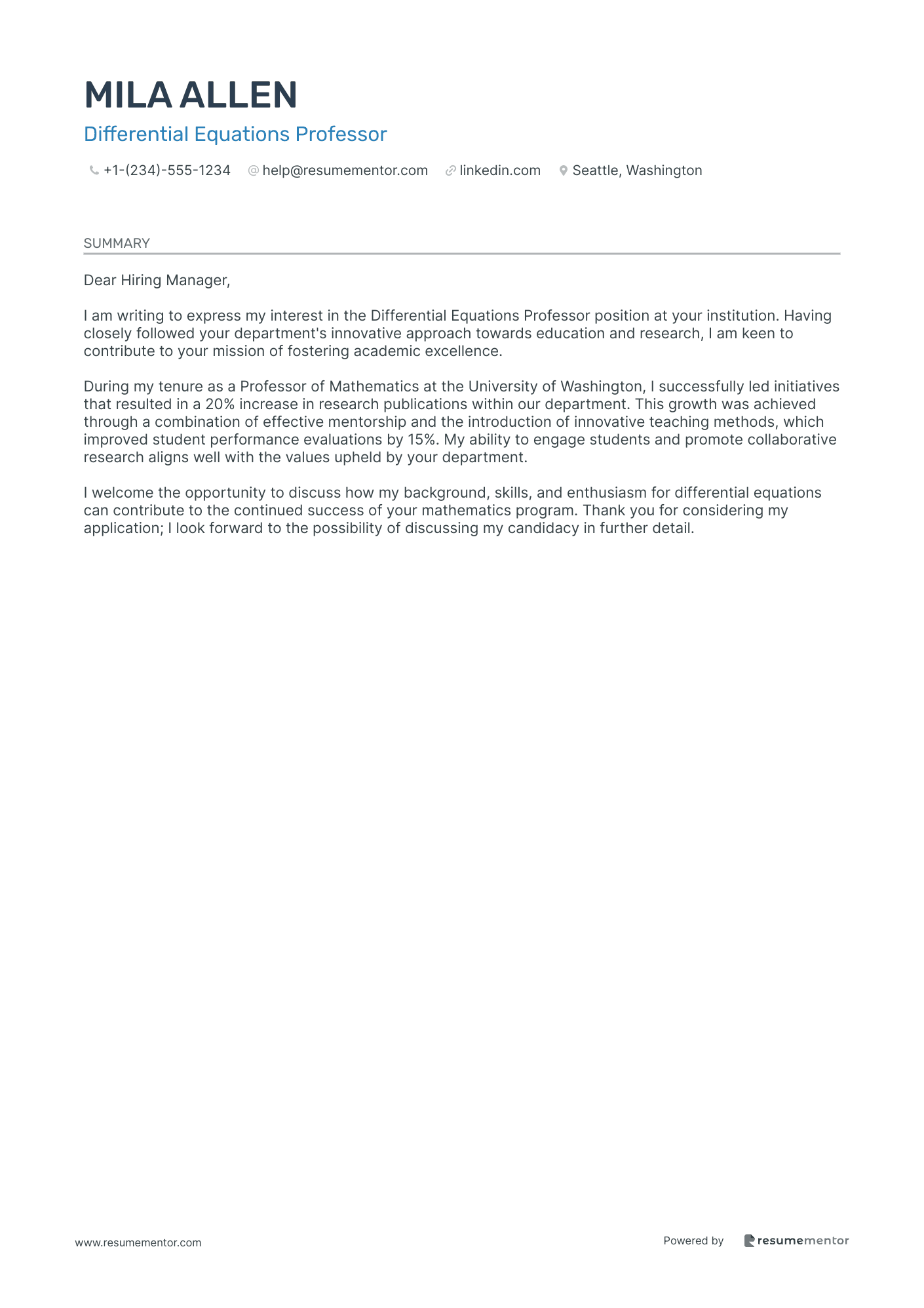 Math Teacher Cover Letter Examples by ResumeMentor.com - Professional Cover  Letters - Generate Cover Letter with AI, image size:1410x1995