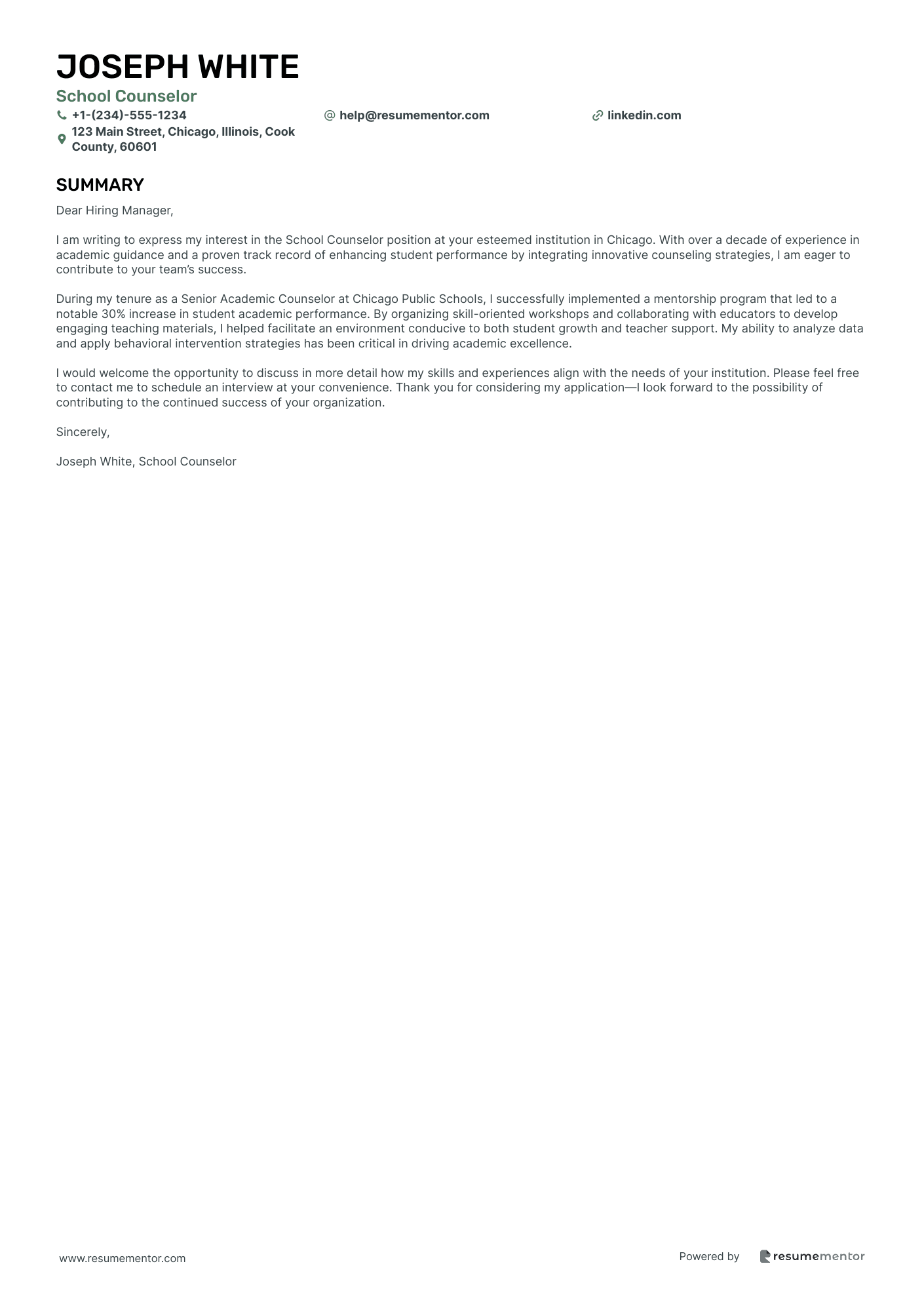 School Counselor Cover Letter Examples by ResumeMentor.com - Professional Cover  Letters - Generate Cover Letter with AI, image size:1410x1995
