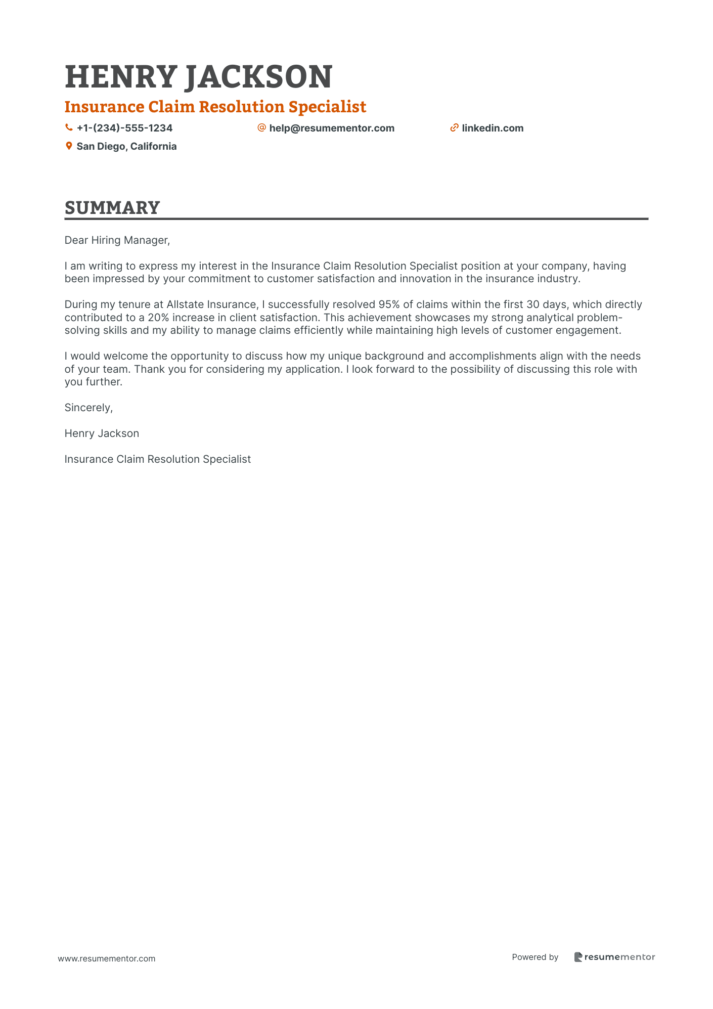 Complaint Resolution Specialist Cover Letter Examples by ResumeMentor.com -  Professional Cover Letters - Generate Cover Letter with AI, image size:1410x1995