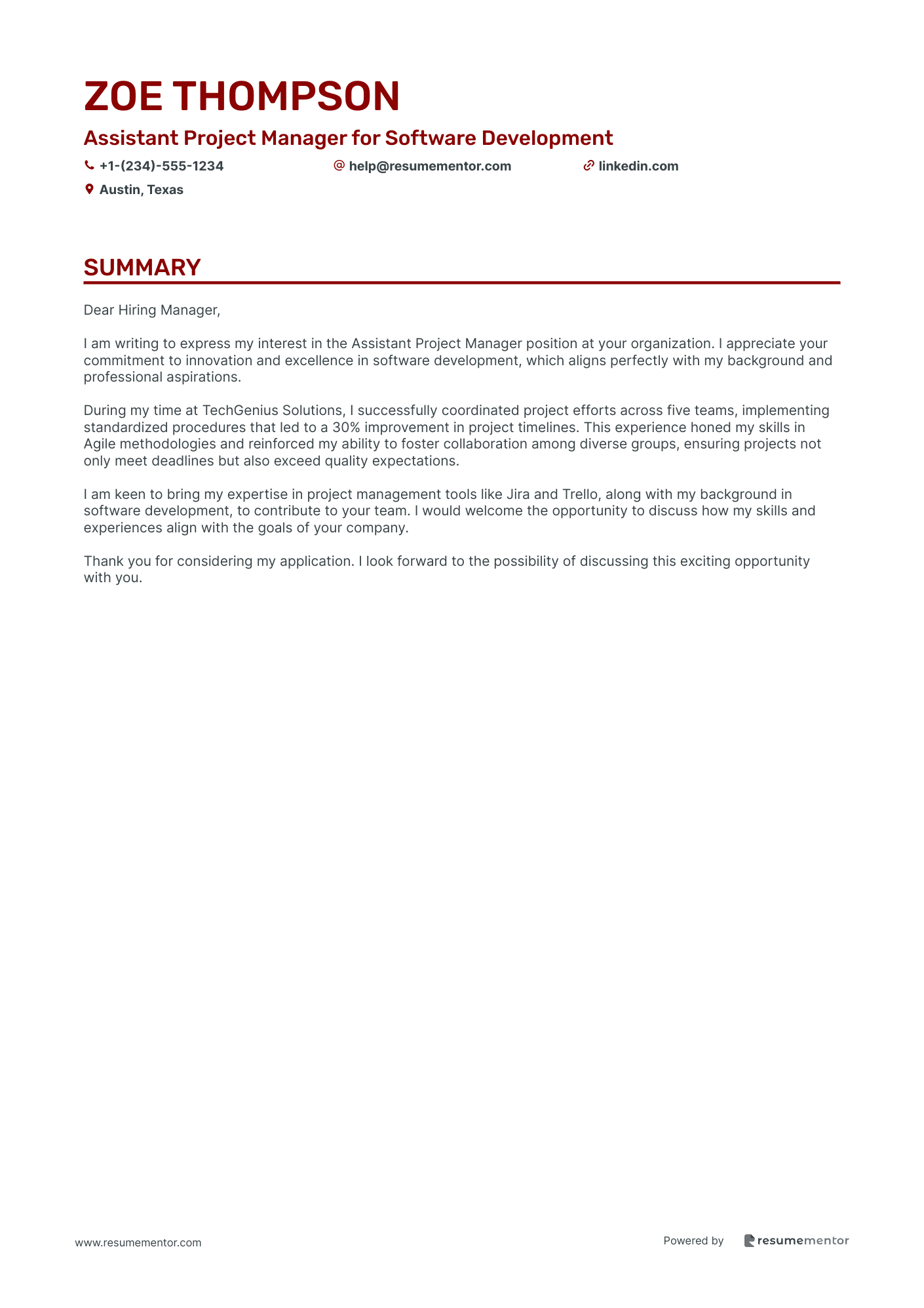 Assistant Project Manager Cover Letter Examples by ResumeMentor.com -  Professional Cover Letters - Generate Cover Letter with AI, image size:1410x1995